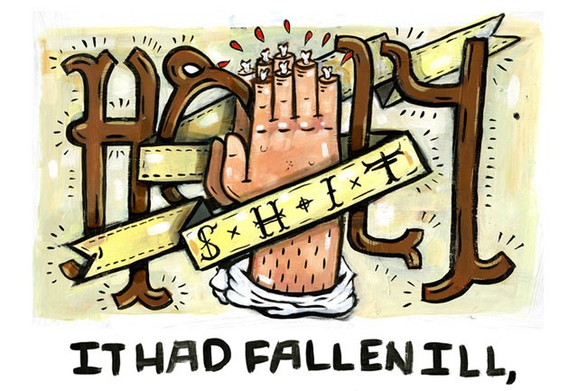 The image is a hand-drawn illustration on a light beige background. It depicts a hand with raised fingers above a banner. The banner is yellow with black stylized letters and symbols, including an asterisk and a cross. Above the hand, the word "HATHFALLENILL" is written in black, bold, uppercase letters. Small red splatters or paint-like marks appear near the top of the image. The style is cartoonish and expressive.