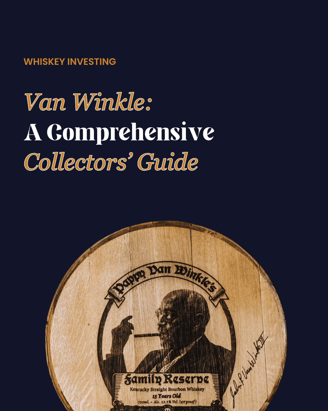 A vintage-style circular label for Pappy Van Winkle's Family Reserve 15 Year Old Kentucky Straight Bourbon Whiskey, featuring a sketch of an elderly man with a cane and a glass of whiskey.