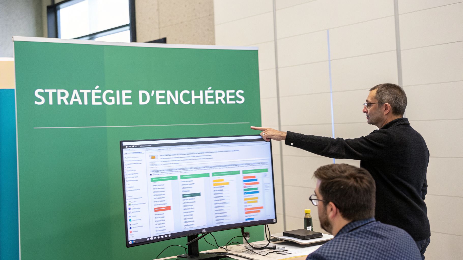 Un homme en lunettes pointe un écran d'ordinateur affichant des données de stratégie d'enchères, devant une bannière verte.