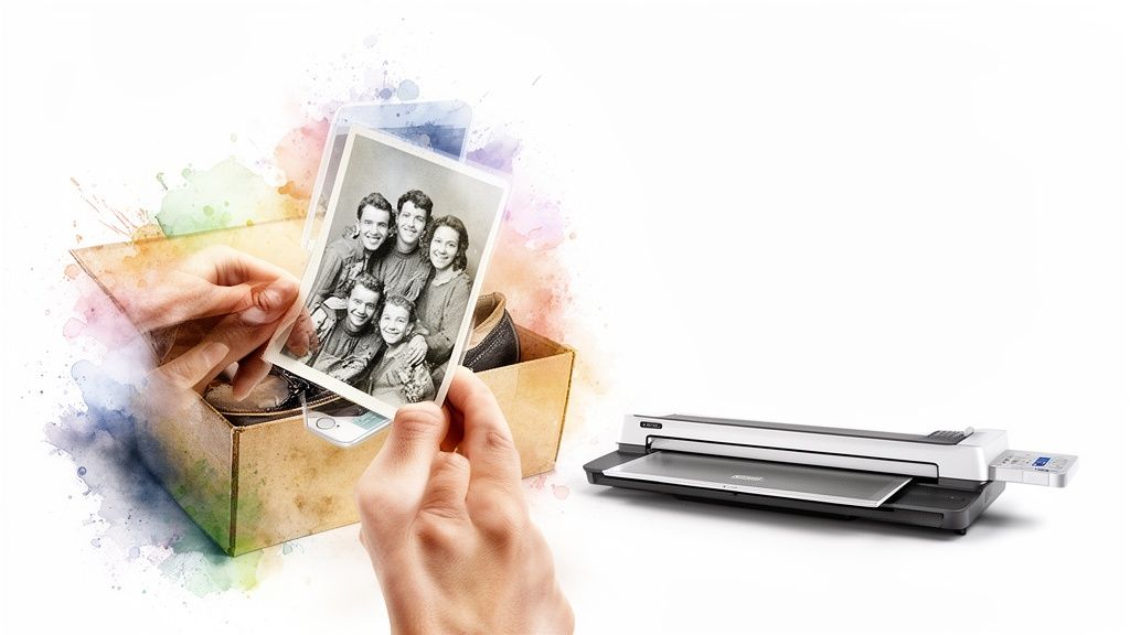 Hands hold an old black and white family photo emerging from a box, with a scanner nearby.