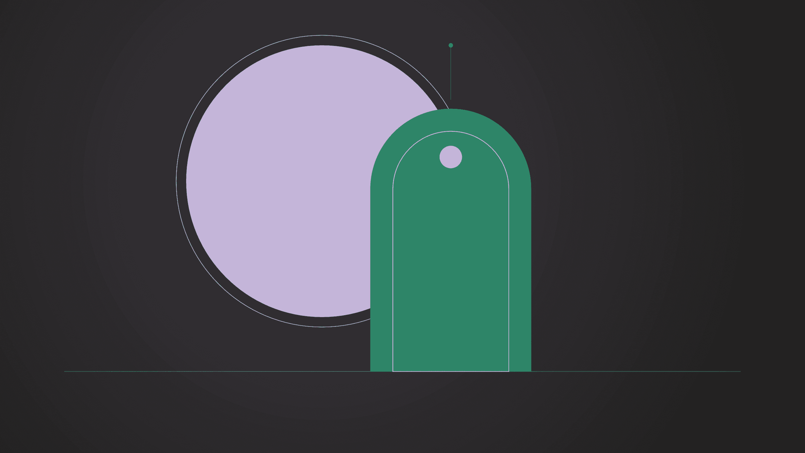 Minimal editorial composition with an emerald monument arch and a soft lilac circle on deep charcoal — founder video production. Raised Media Co.