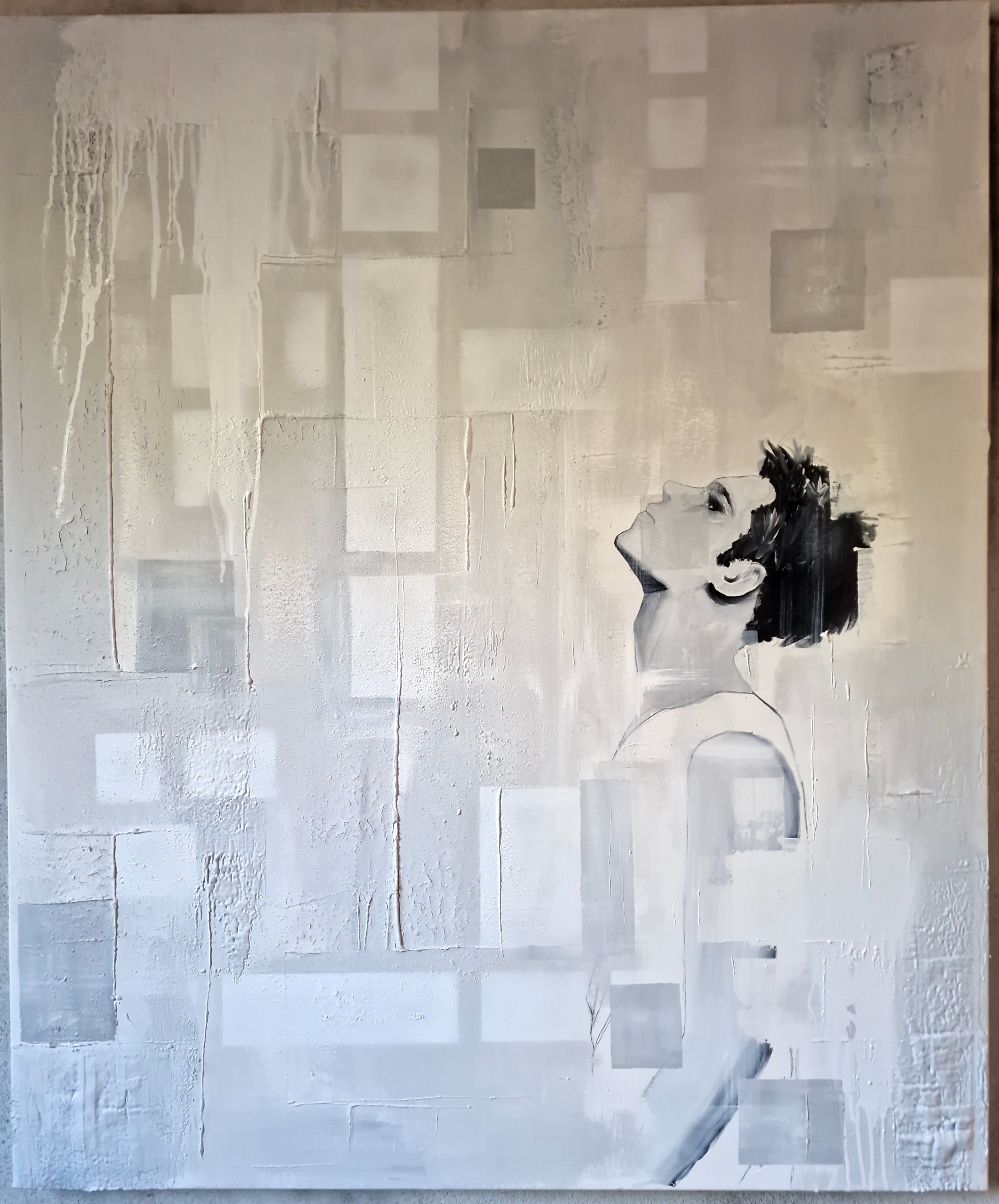 Abstract figurative artwork with dynamic female figure and linear tension, exploring balance between structure and movement