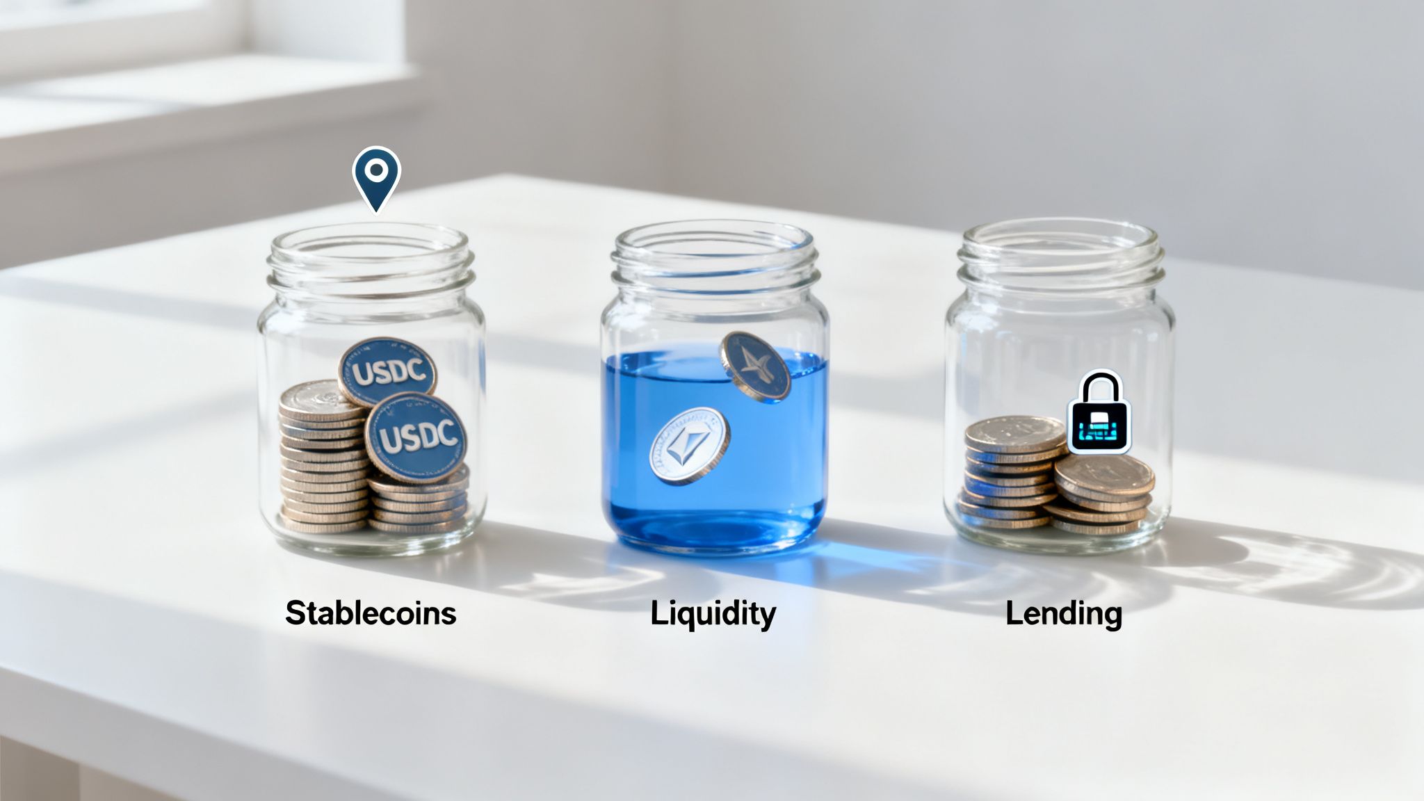 Three glass jars on a white table illustrating crypto concepts: Stablecoins, Liquidity, and Lending.