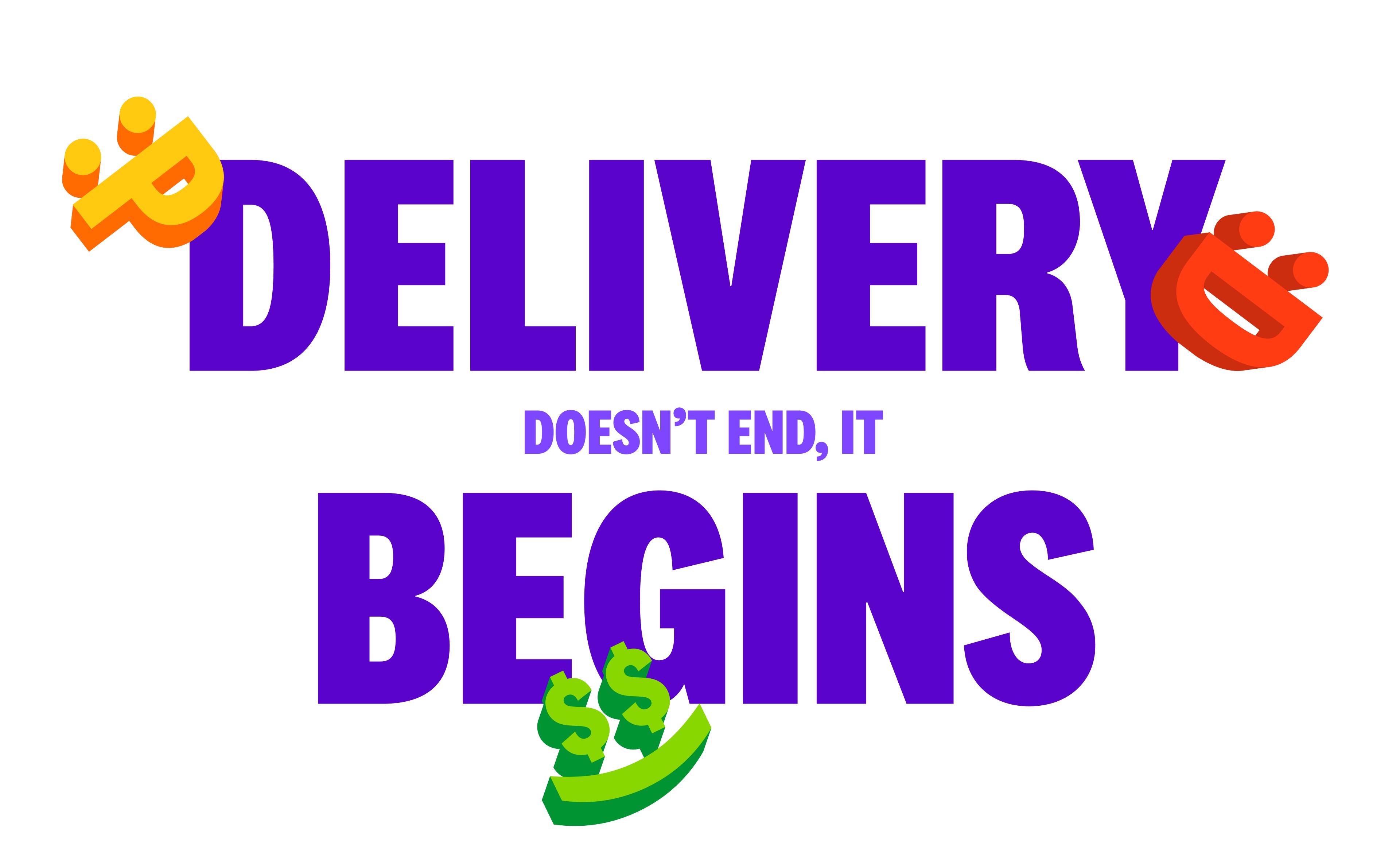Foxdeli brand claim "Delivery doesn't end, it begins" using the bold typography and 3D emoticon system