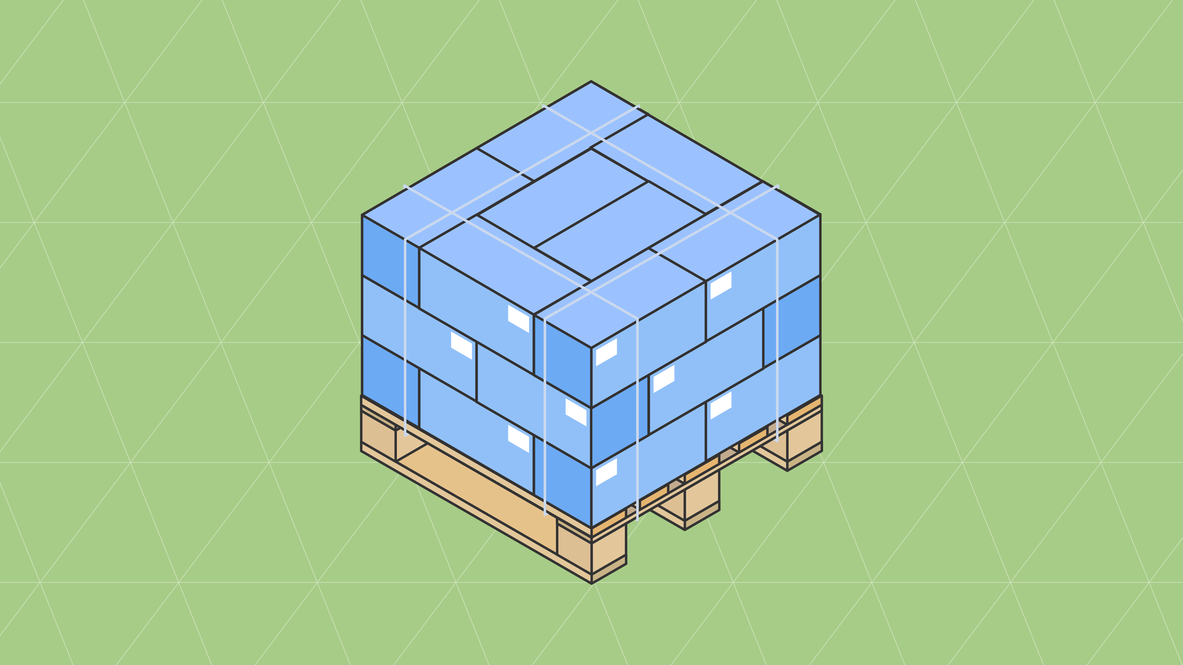 Isometric illustration of blue boxes stacked on wooden pallet demonstrating interlocking layer pattern for proper TI/HI pallet configuration.