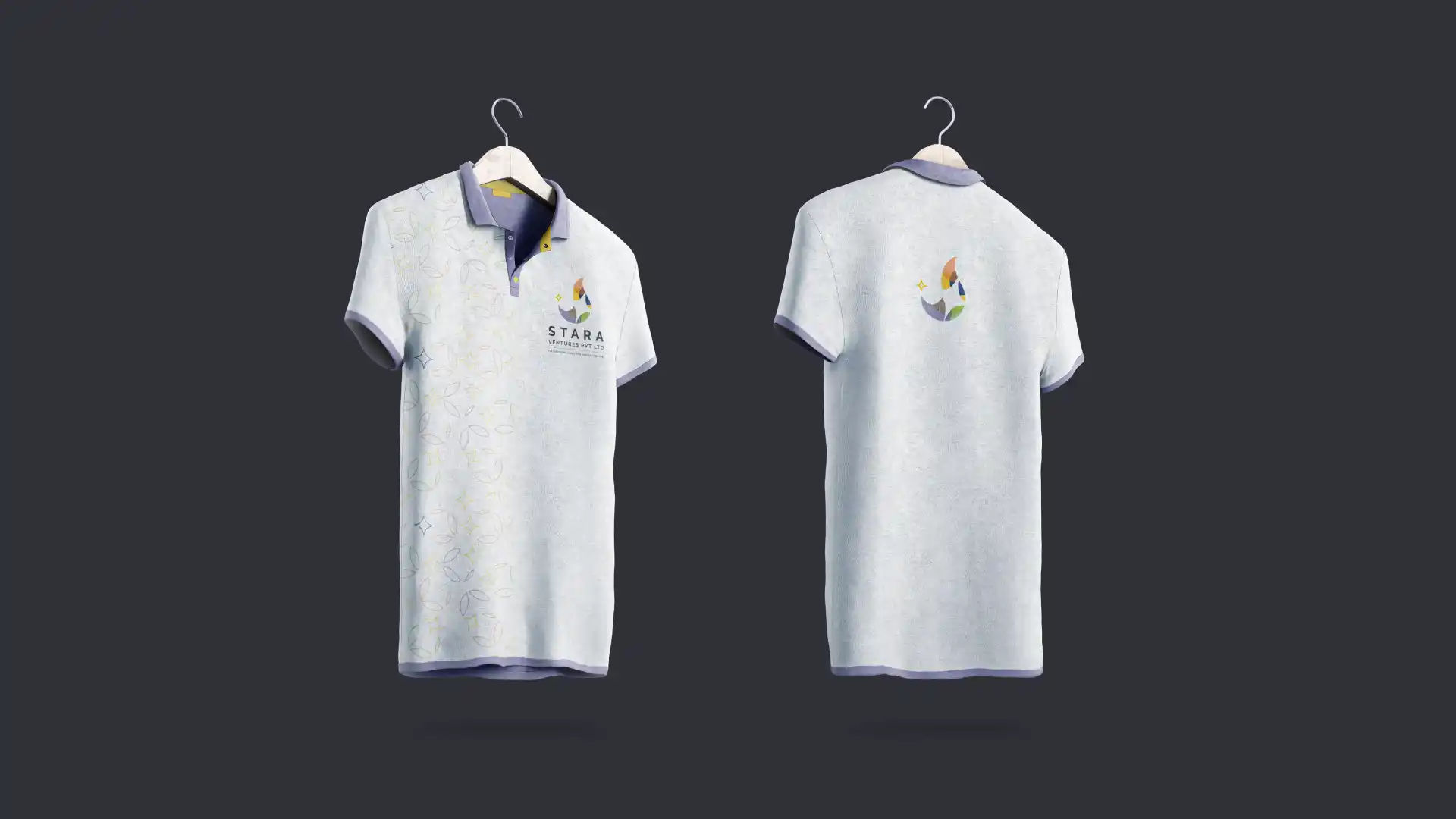 Stara Ventures branded corporate polo t-shirt with logo and pattern print