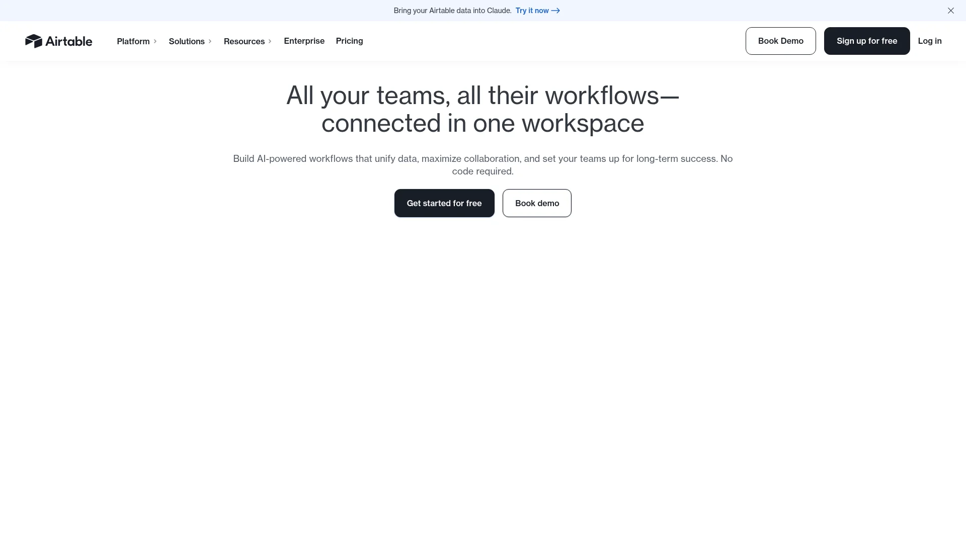 Airtable homepage showing its spreadsheet-database hybrid interface