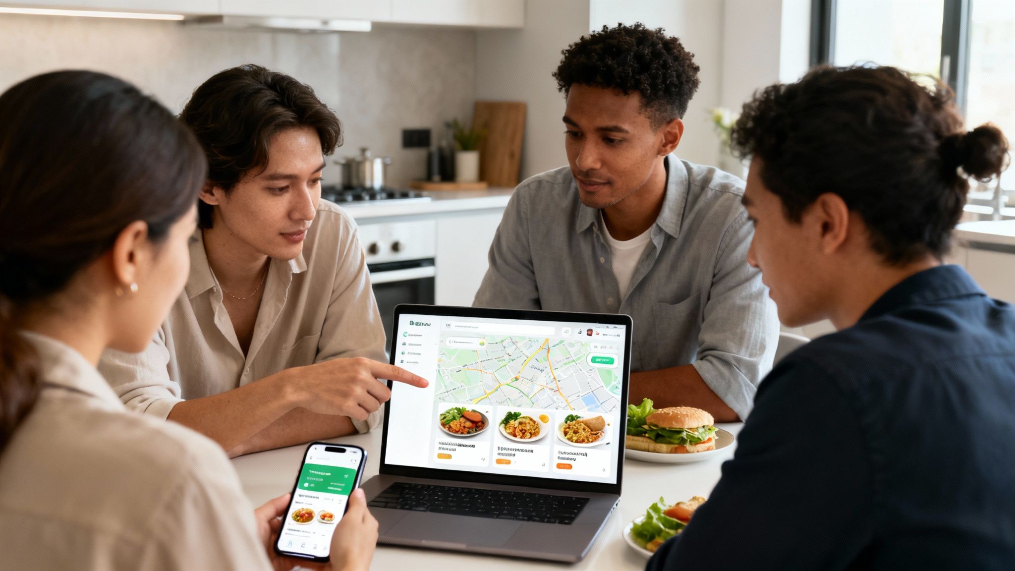 Cuatro jóvenes eligen comida en línea usando una laptop y un teléfono en una cocina.