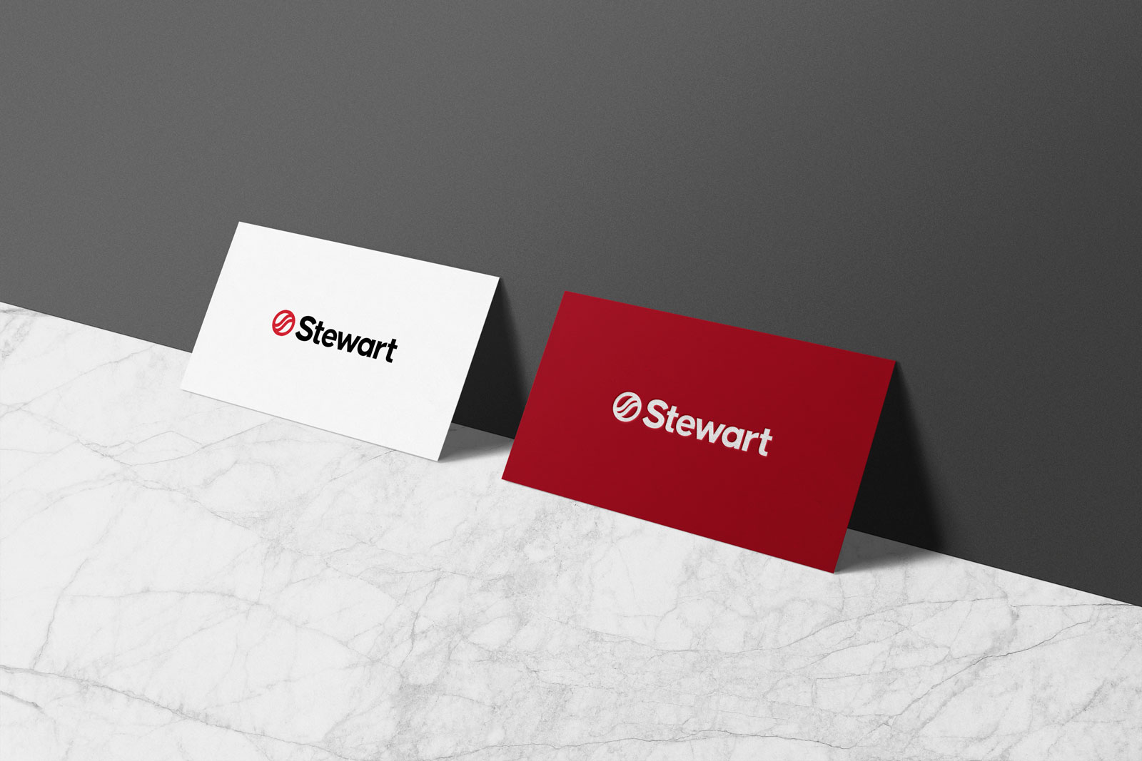 Stewart's new brand identity shown on a business card.