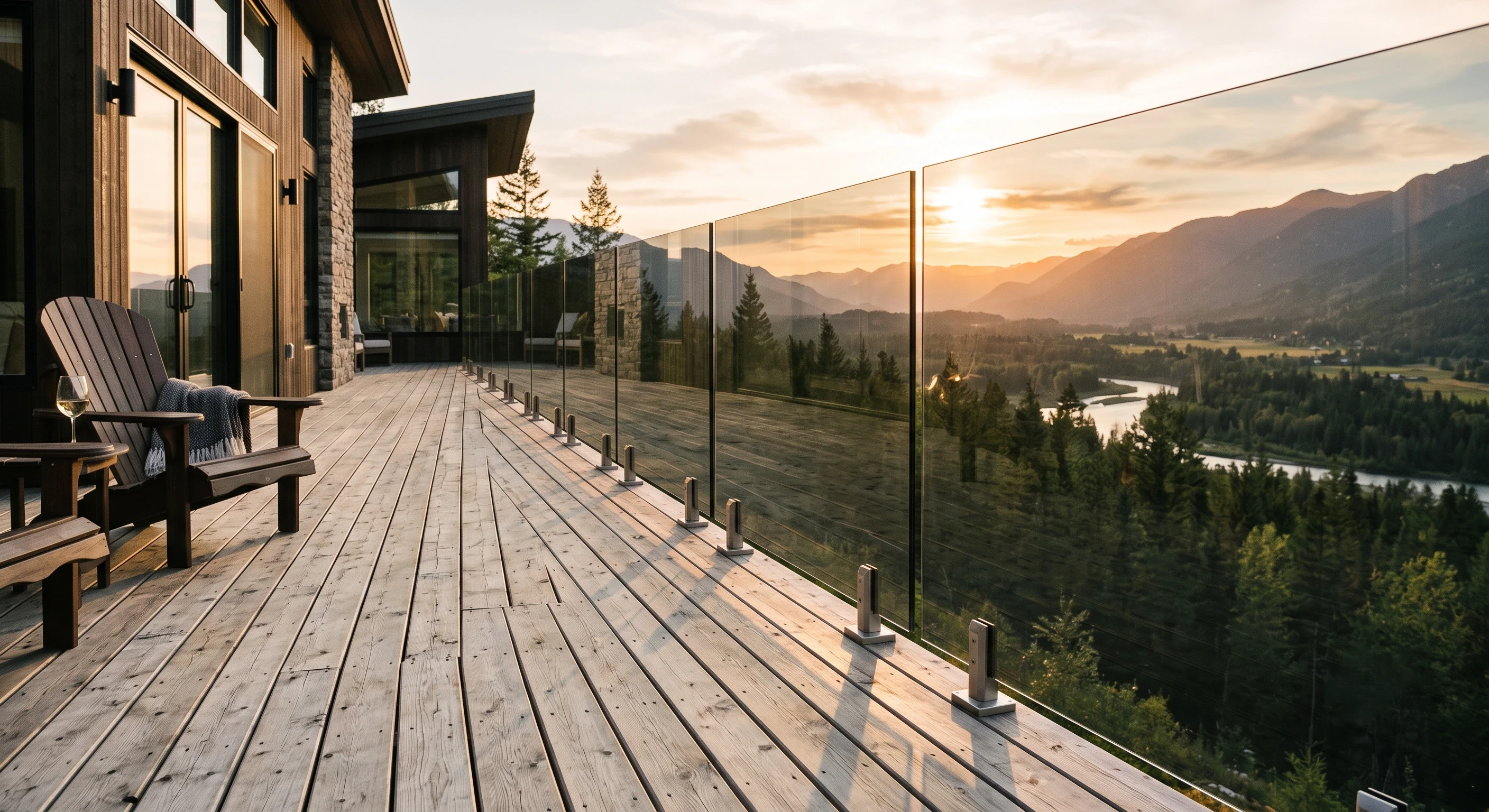 Grey tinted glass railing panels reducing glare on a west facing deck in afternoon sun