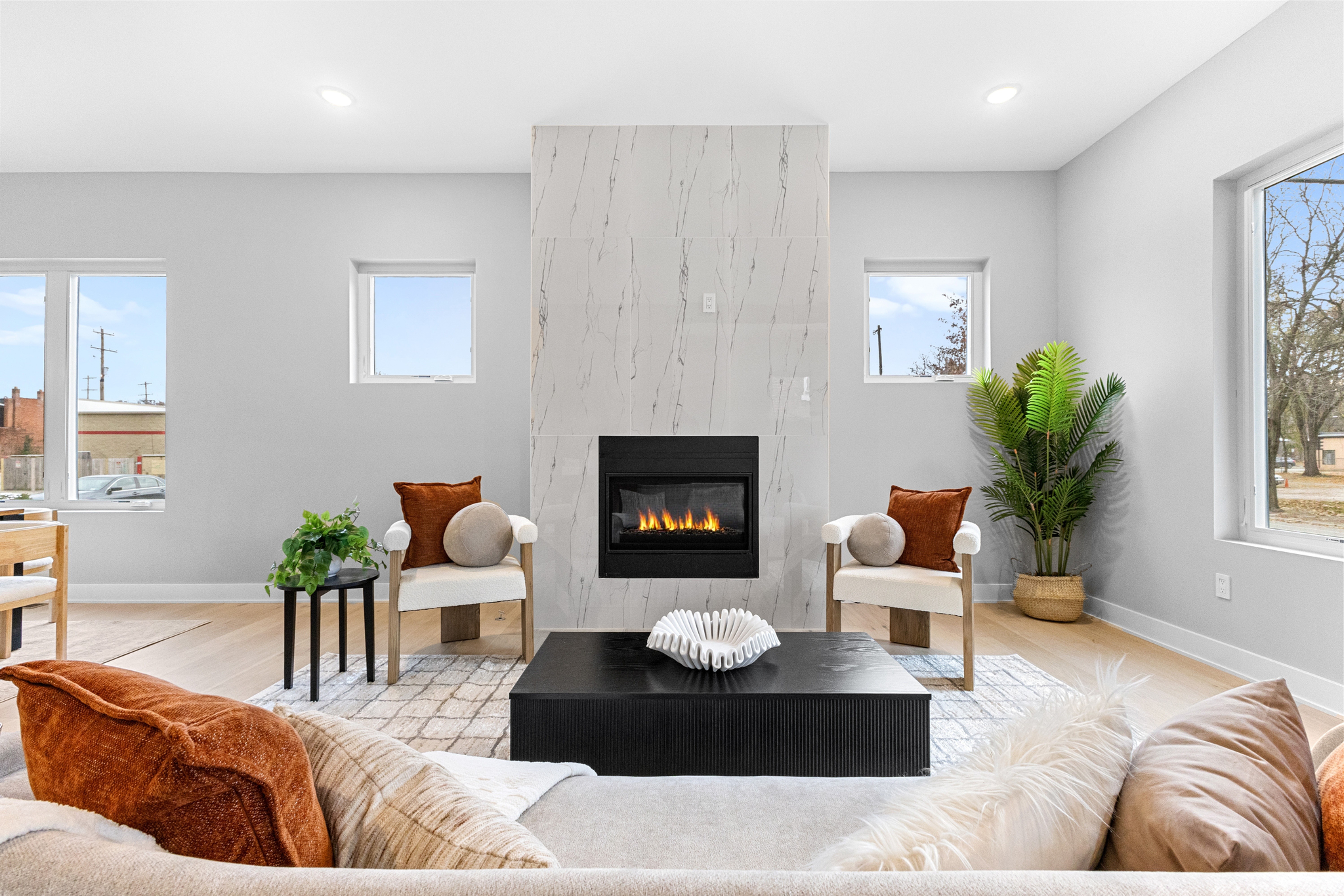 center framed shot of a modern fireplace in a premium home