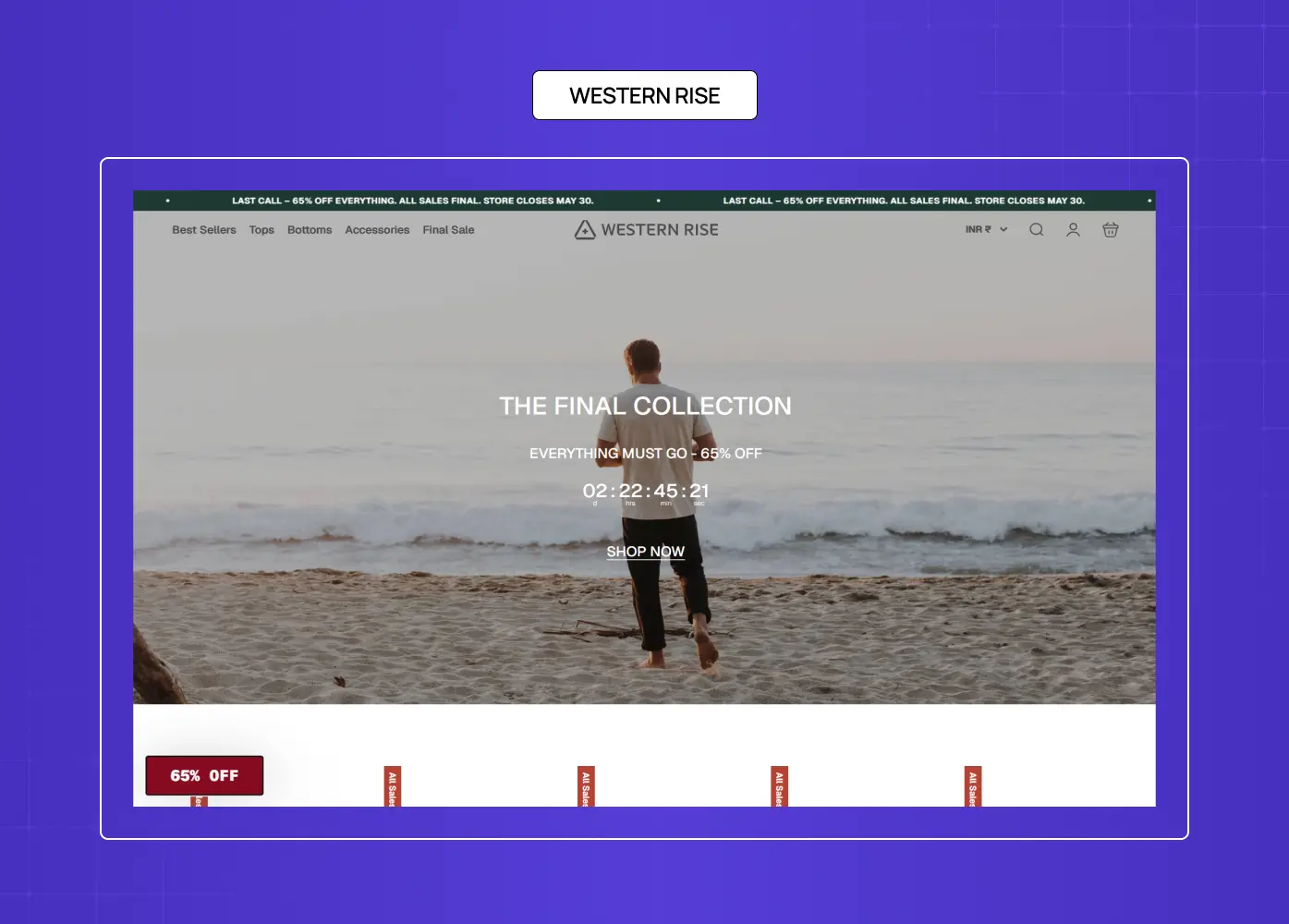 Western Rise e-commerce homepage featuring a minimalist fashion campaign with discount countdown messaging.