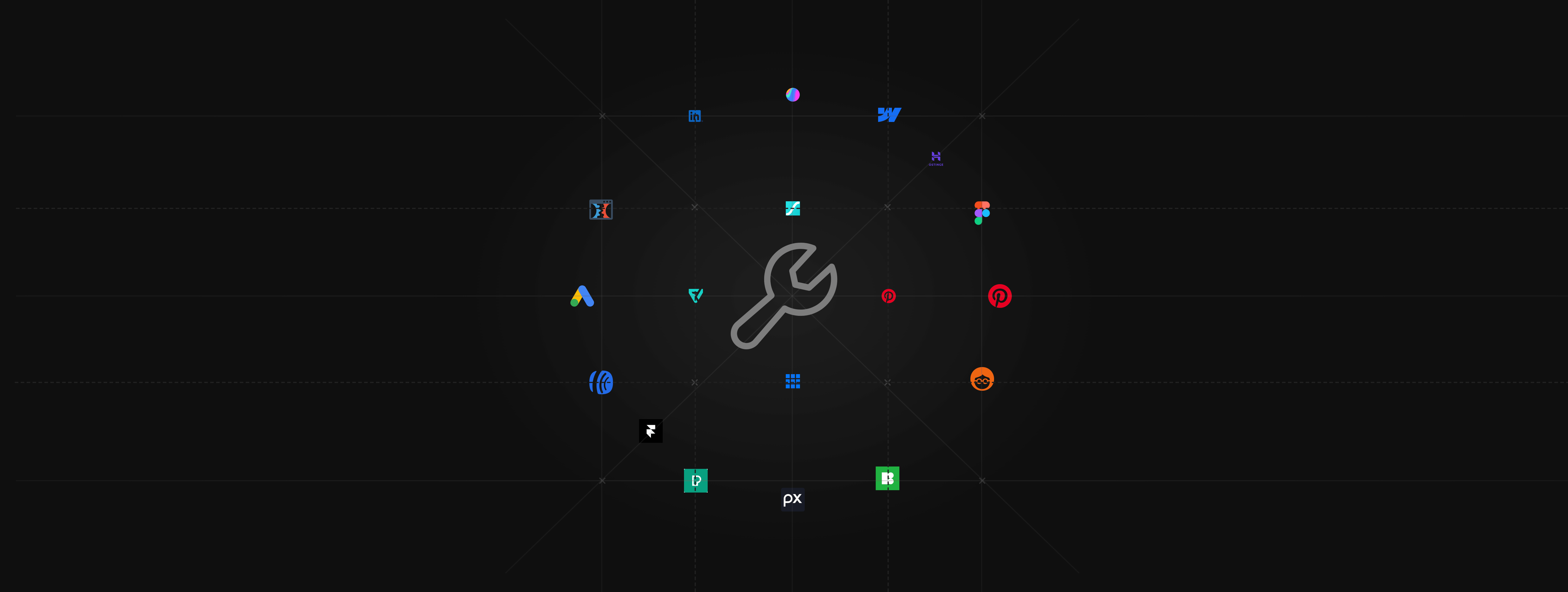 An image containing lots of online marketing tools arranged in circle shape.