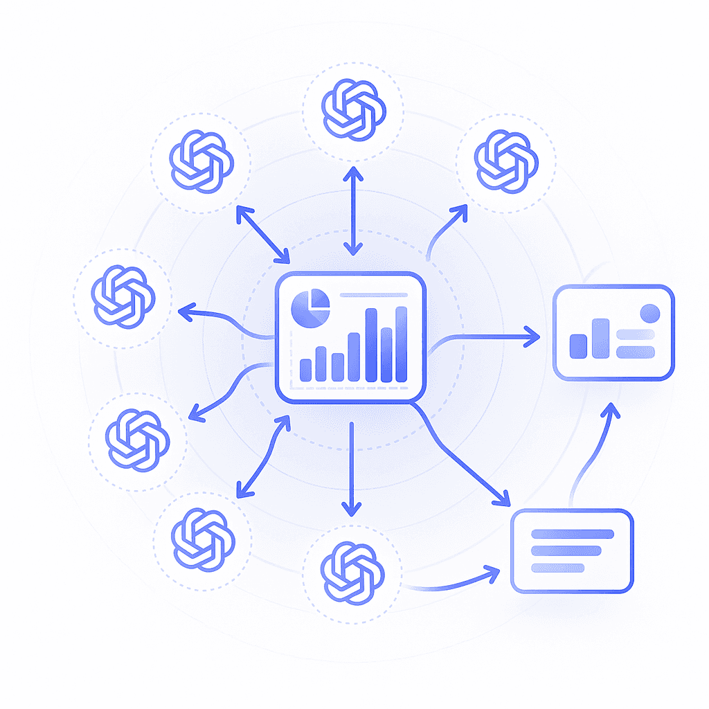 Central dashboard connected to multiple AI engine icons and data export pipelines