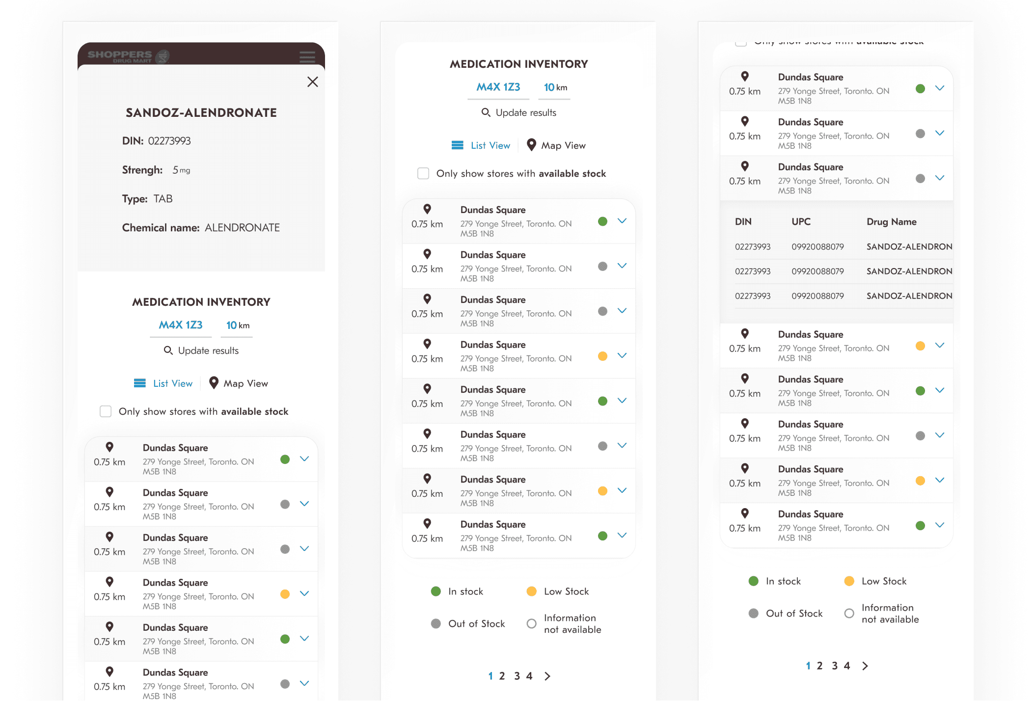 Screenshots showing 3 mobile comps for the medication inventory. First image shows the default search, second image shows once the user starts styping and last one shows the search results.