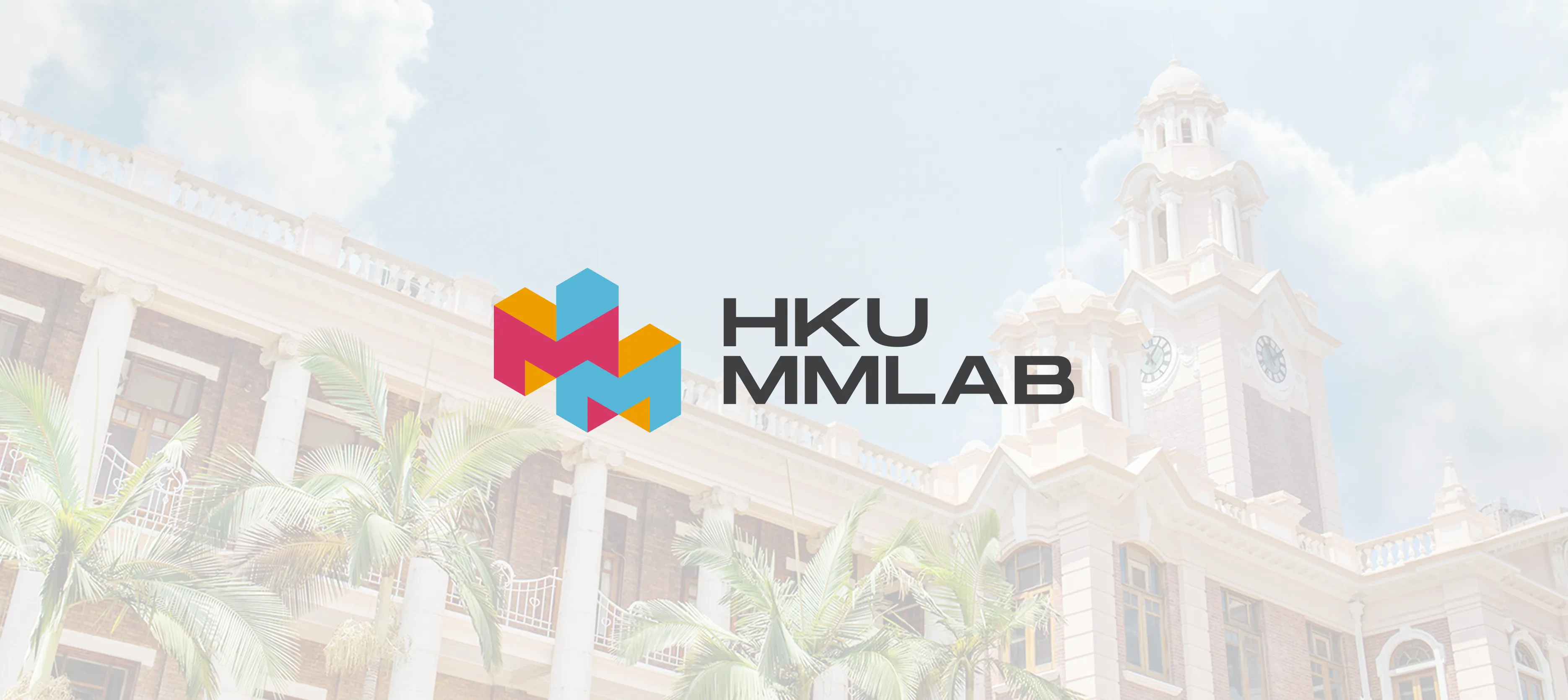 HKU MMLab visual identity hero – vibrant faceted M logo in cyan-blue, magenta, and yellow-orange gradients overlaid on HKU Main Building campus background by Teatime Studio.