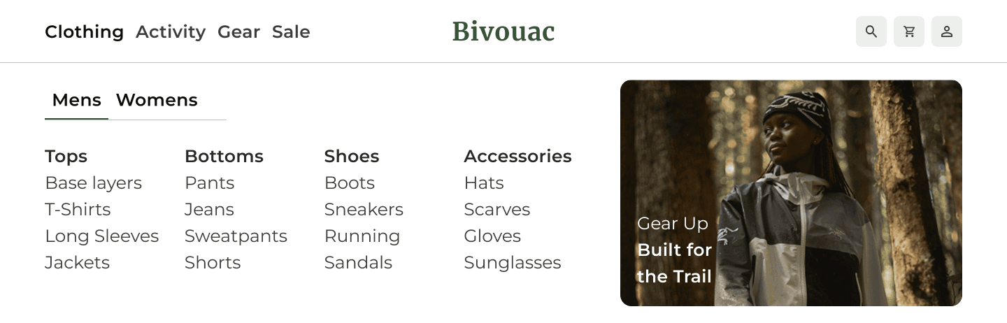 Primary navigation is organized via clothing, activity, gear, and sale