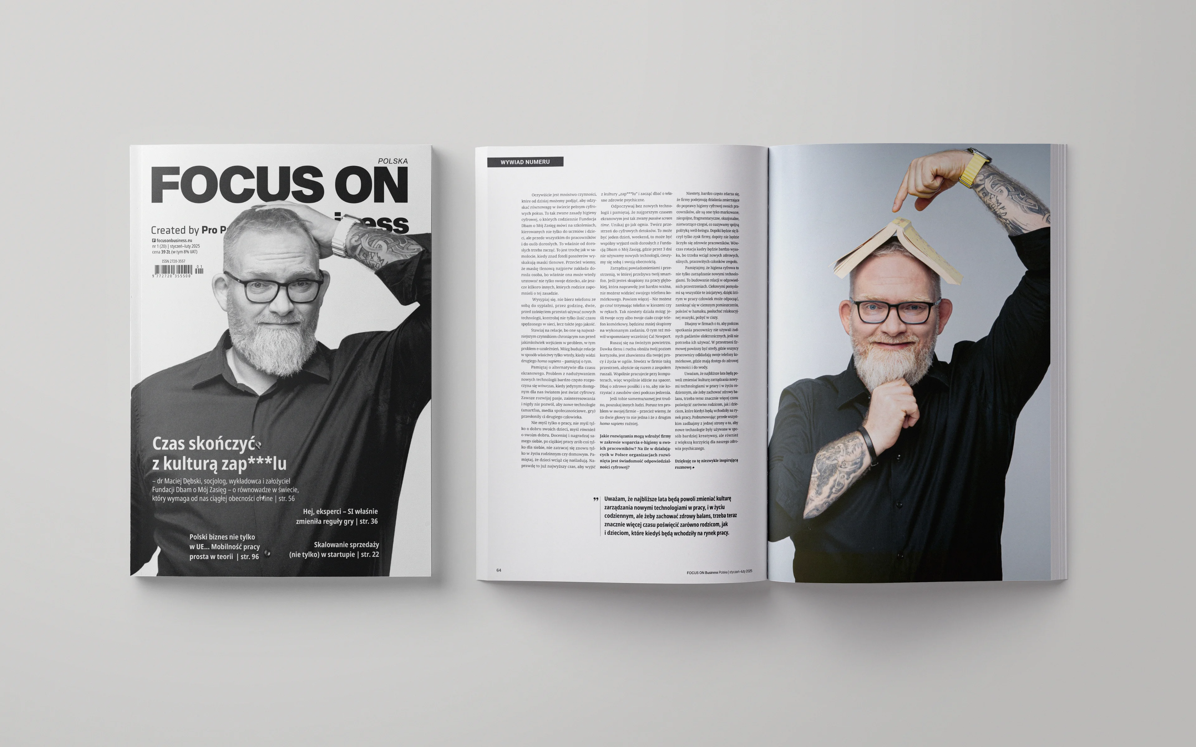 A cover and a spread of magazine, prsenting main interview