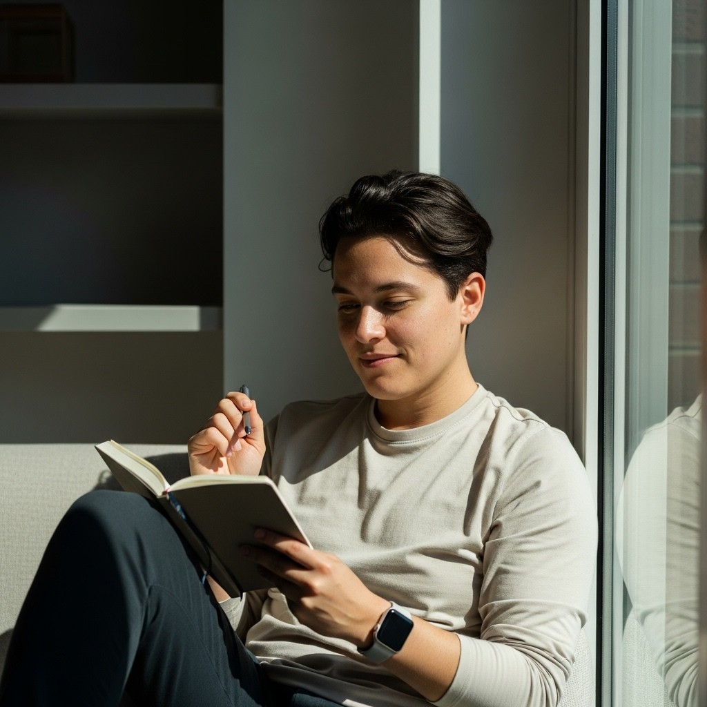 Man writing and smiking