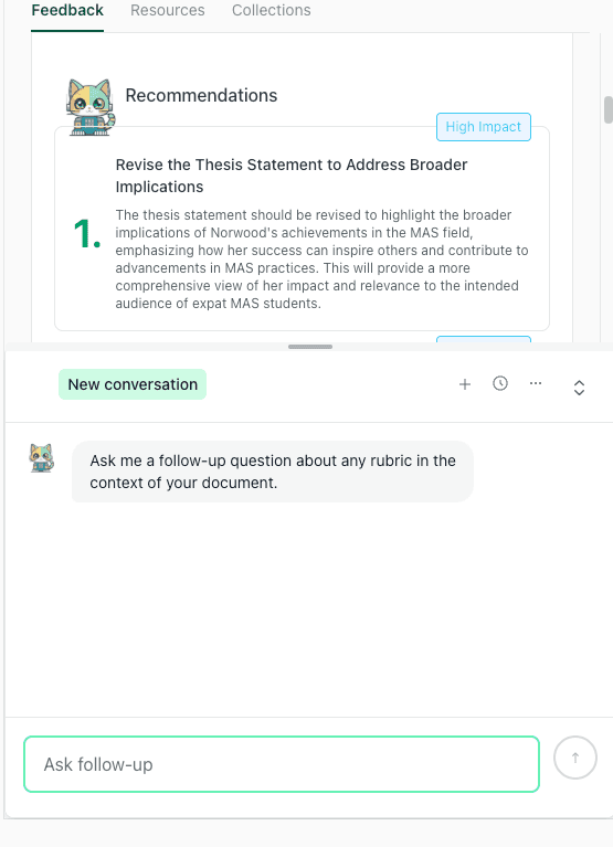 Recommendation panel suggesting a revision of the thesis statement to address broader implications, with a chat box for follow-up questions.
