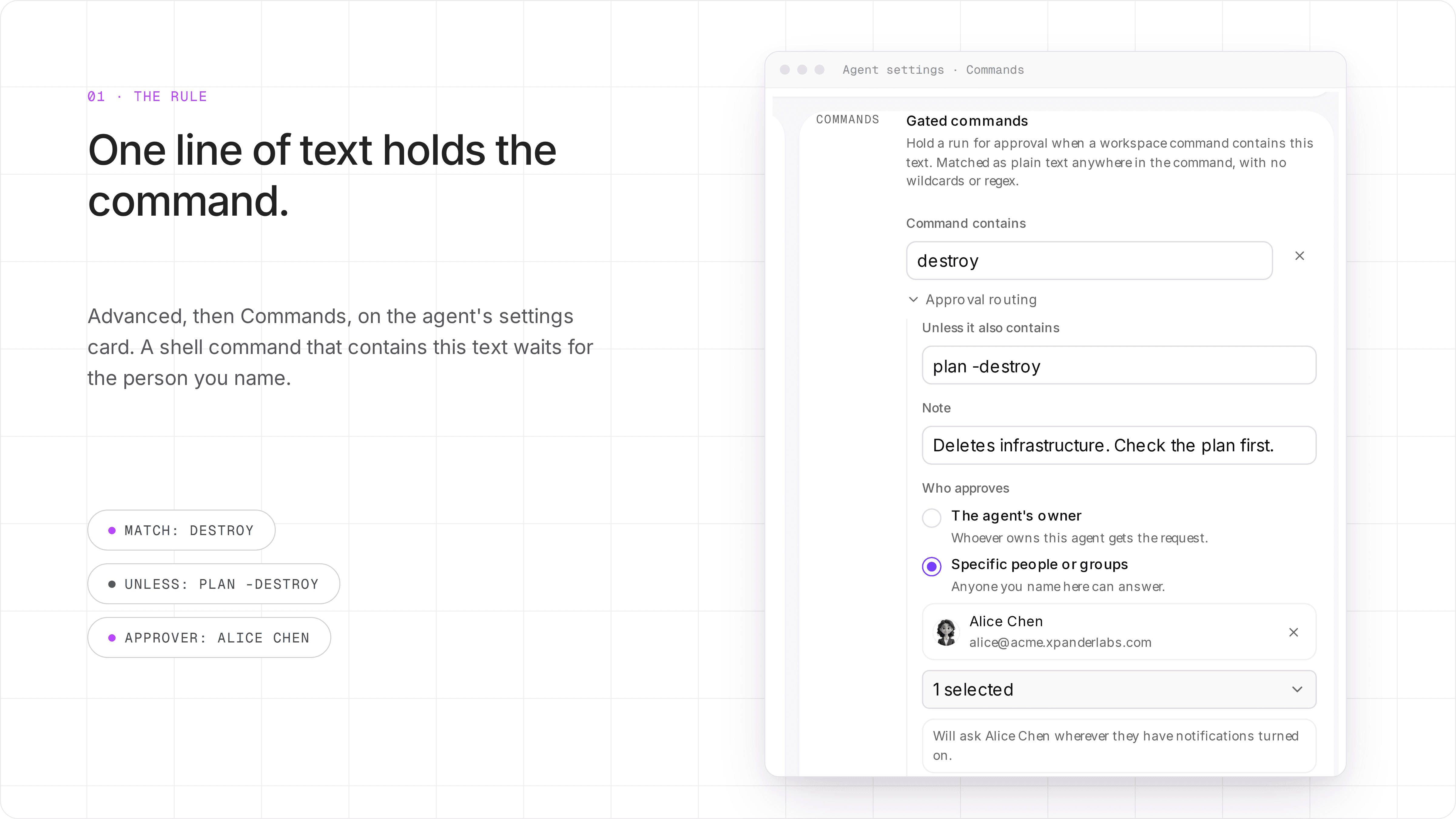 The Gated commands editor: Command contains destroy, Unless it also contains plan -destroy, a note, and Alice Chen as the named approver.