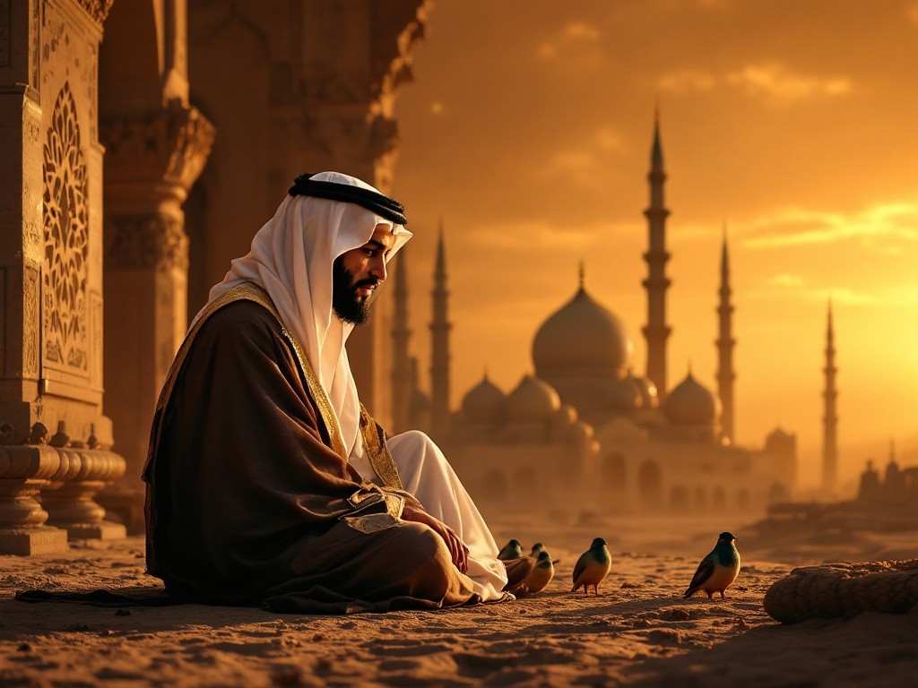 A man in traditional clothing sits in front of a mosque at sunset.