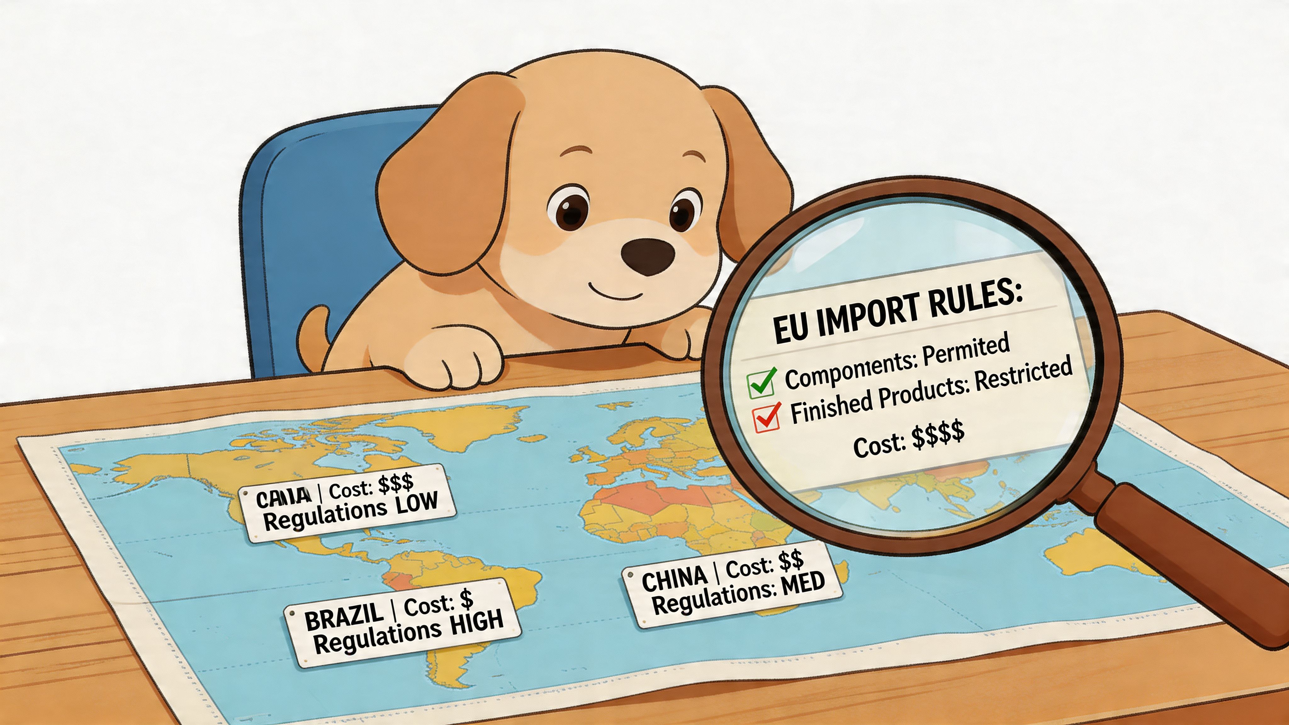 A cartoon puppy looking at a world map with import regulation labels through a magnifying glass.