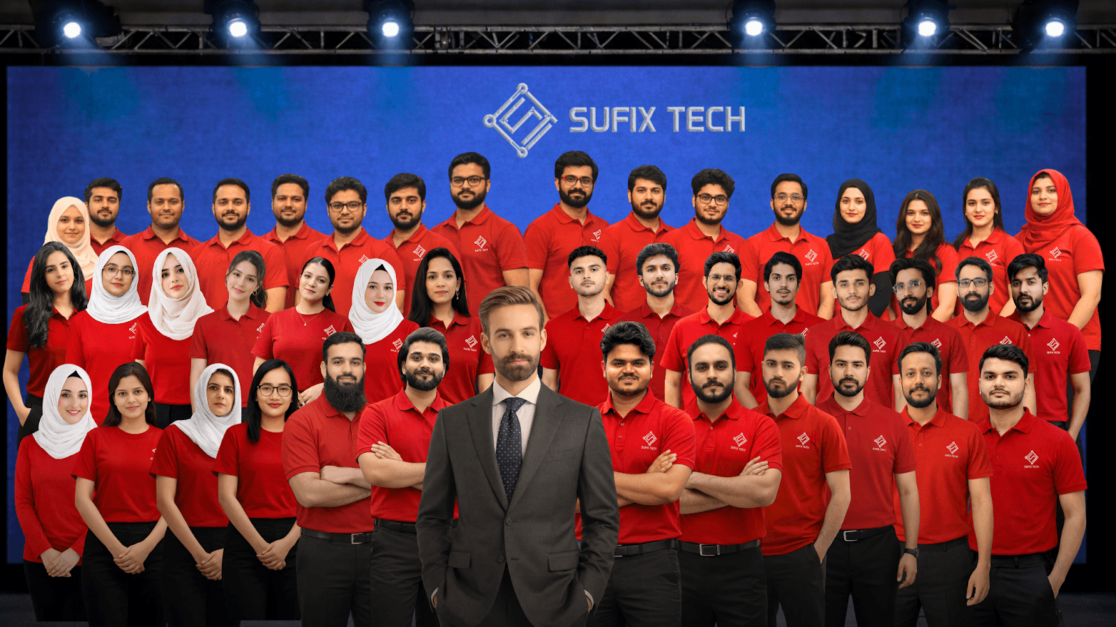 Sufix Tech team members, led by Khuram Malik, embody the company's commitment to empowering business growth with specialized virtual assistants and systems