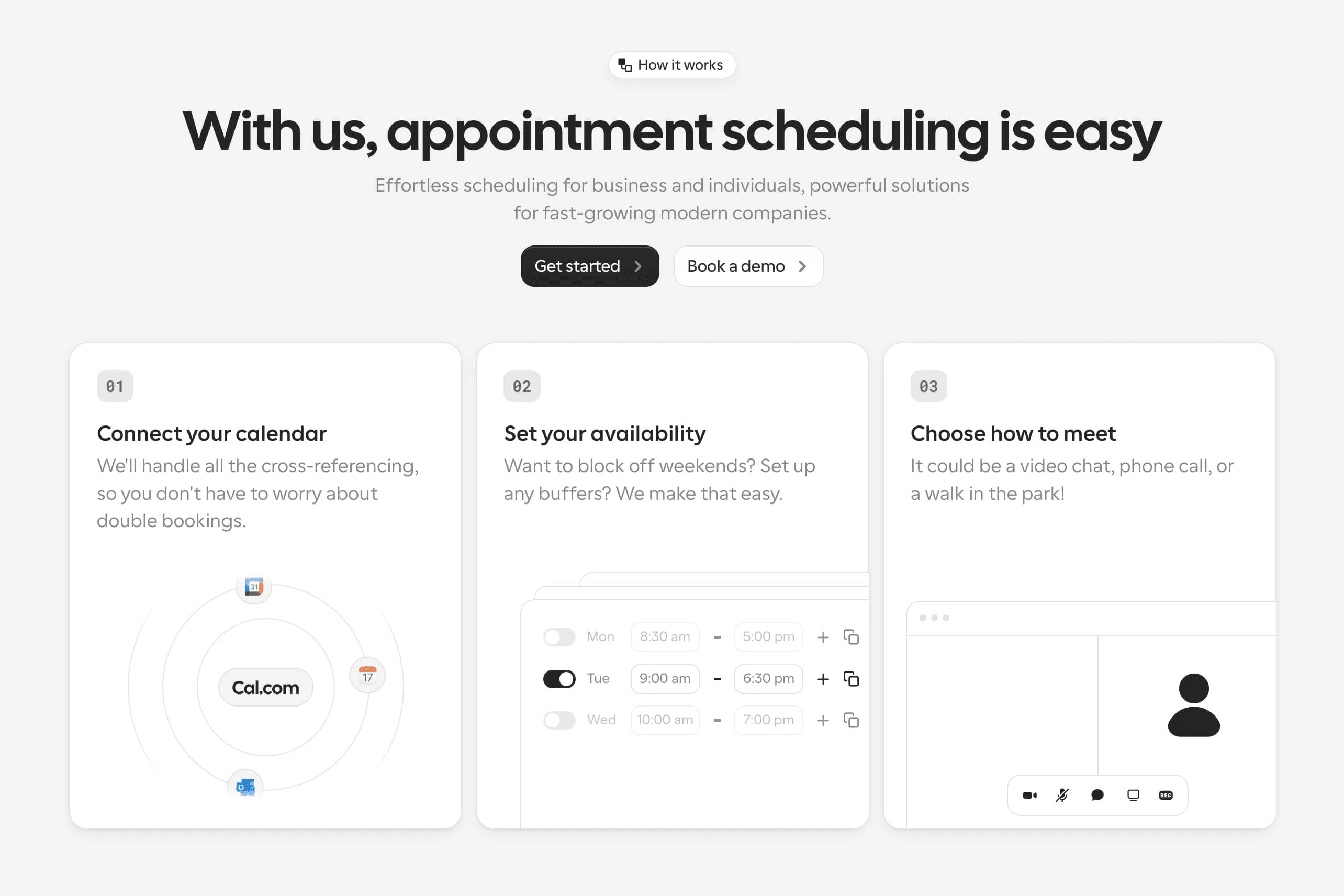 Cal.com scheduling guide showing calendar connection, availability, and meeting options