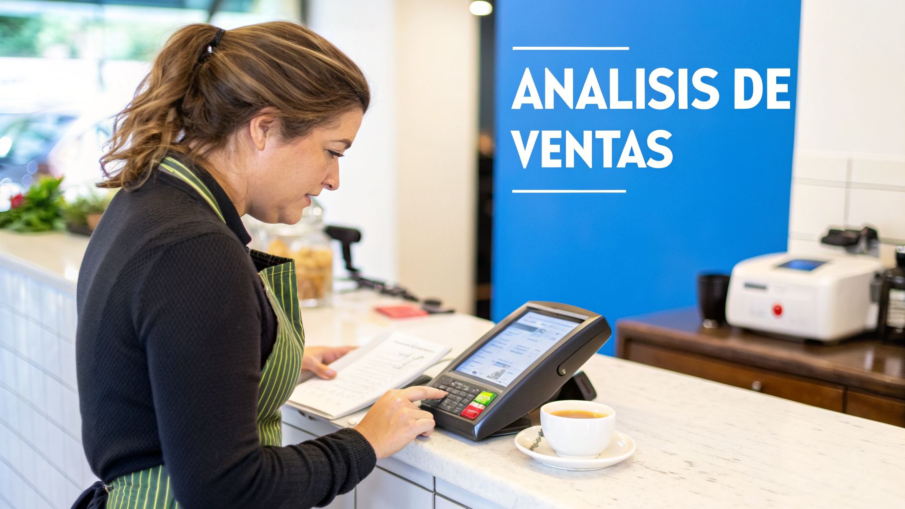 Mujer en delantal interactuando con un terminal de punto de venta y notas, con un cartel de 'Análisis de Ventas' al fondo.