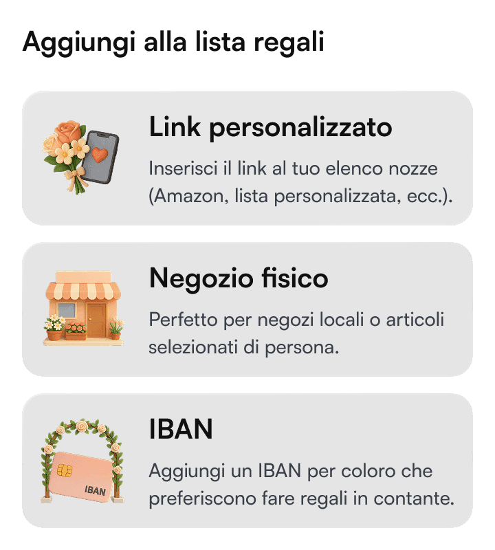 Schermata dell’app di togevent con opzioni personalizzate, per aggiungere contenuti alla lista regali e rendere unico ogni evento.