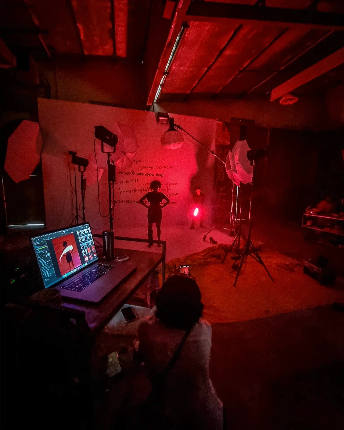 Behind-the-scenes video production setup on a professional film set at Cinesta