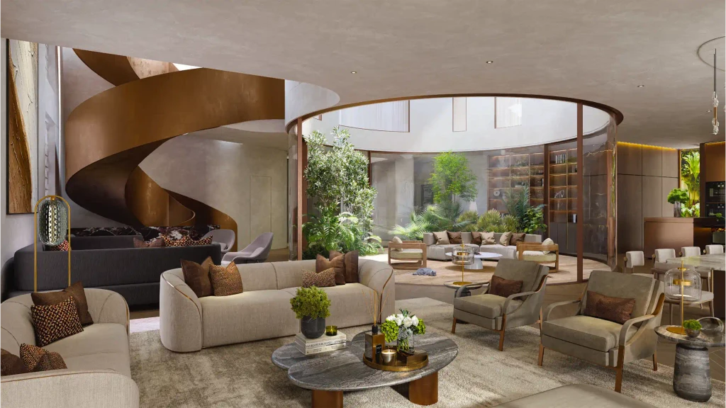 Elegant living room with a spiral staircase, showcasing modern design in Altissima, Dubai.