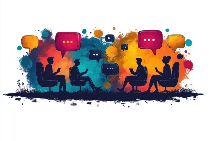 Four stylized human figures are sitting in two groups facing each other, each engaged with a mobile device. Above them, speech bubbles and social media icons indicate a digital conversation or "social listening."