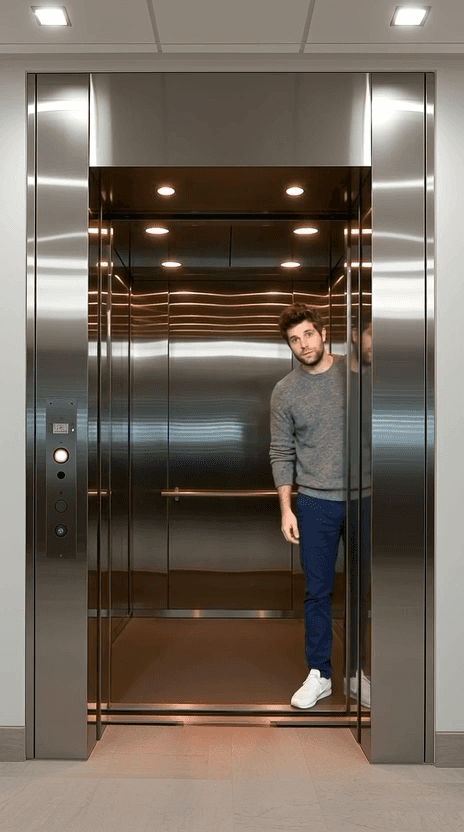 Standing in the open elevator