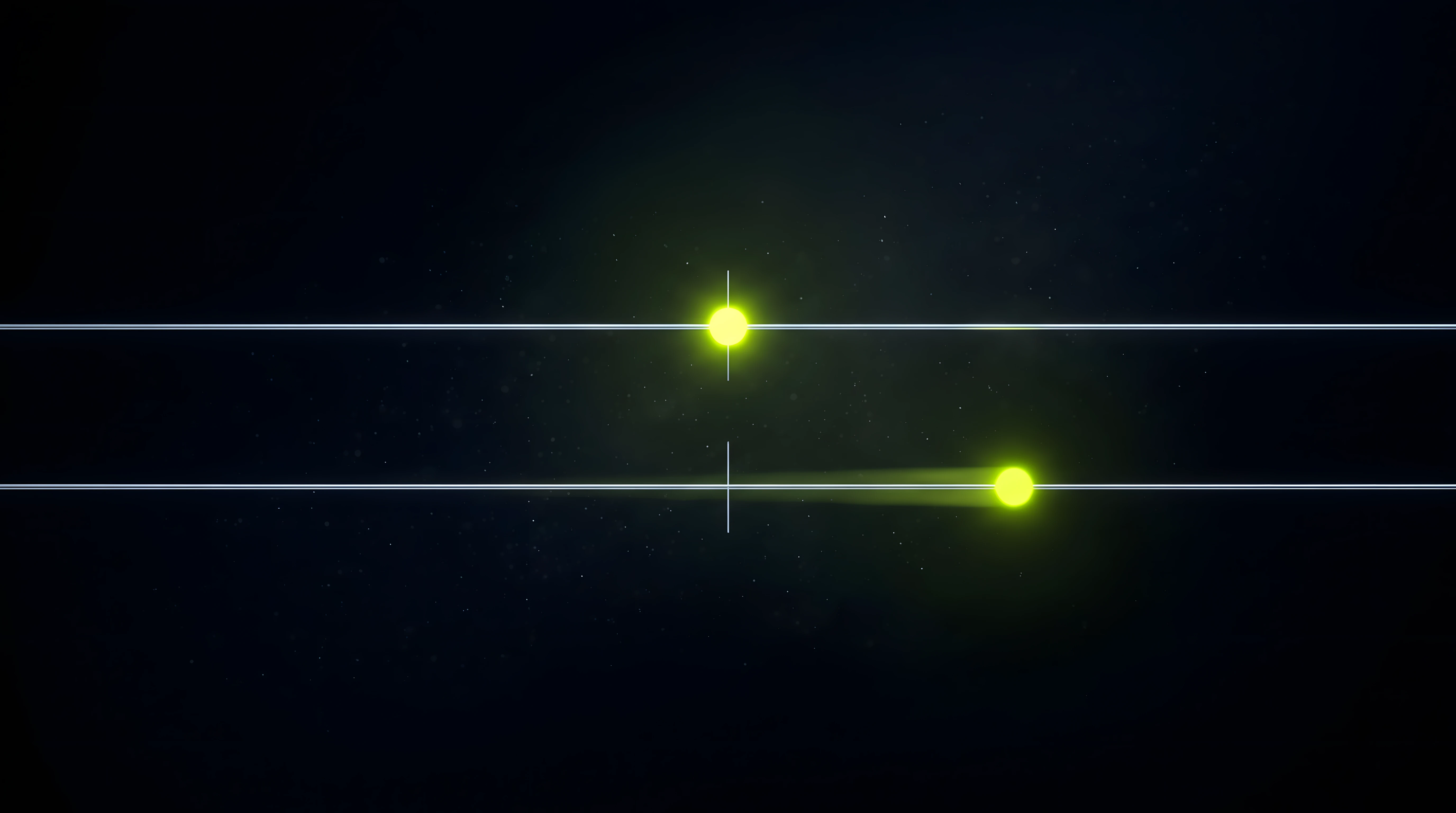 Two parallel liquid chrome timelines on deep void black, each carrying a toxic lime pulse, the lower pulse trailing noticeably behind the upper one, representing audio arriving late against a finished animation.