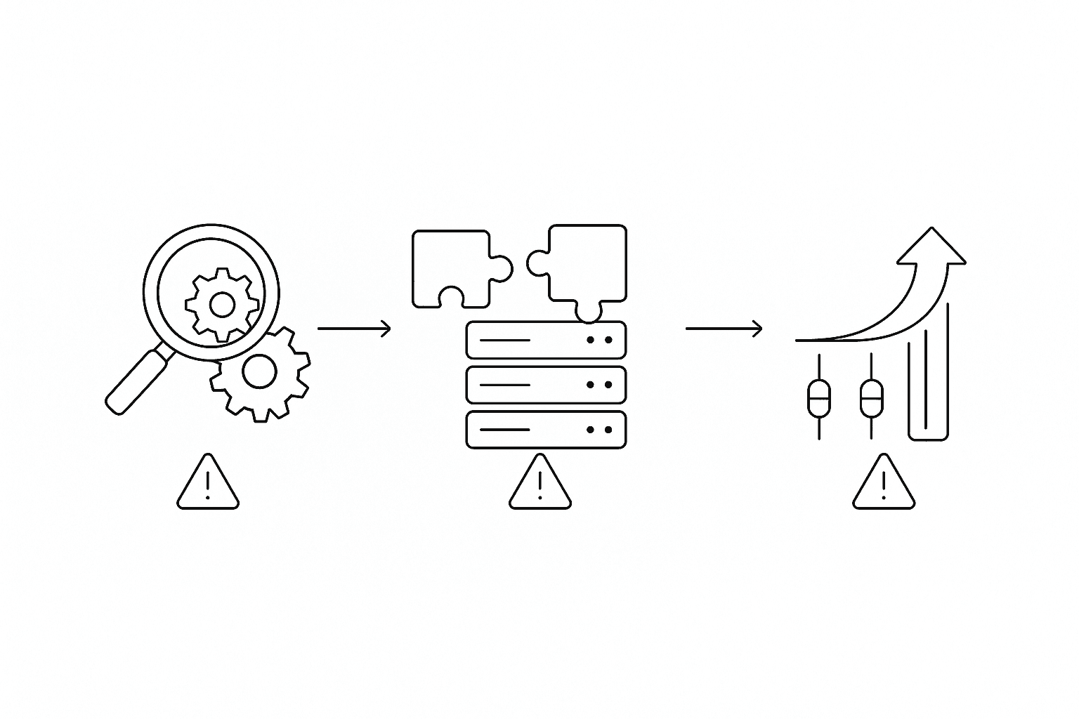 Three-stage visual roadmap showing audit, integration, and optimization phases with hazard icons for pitfalls
