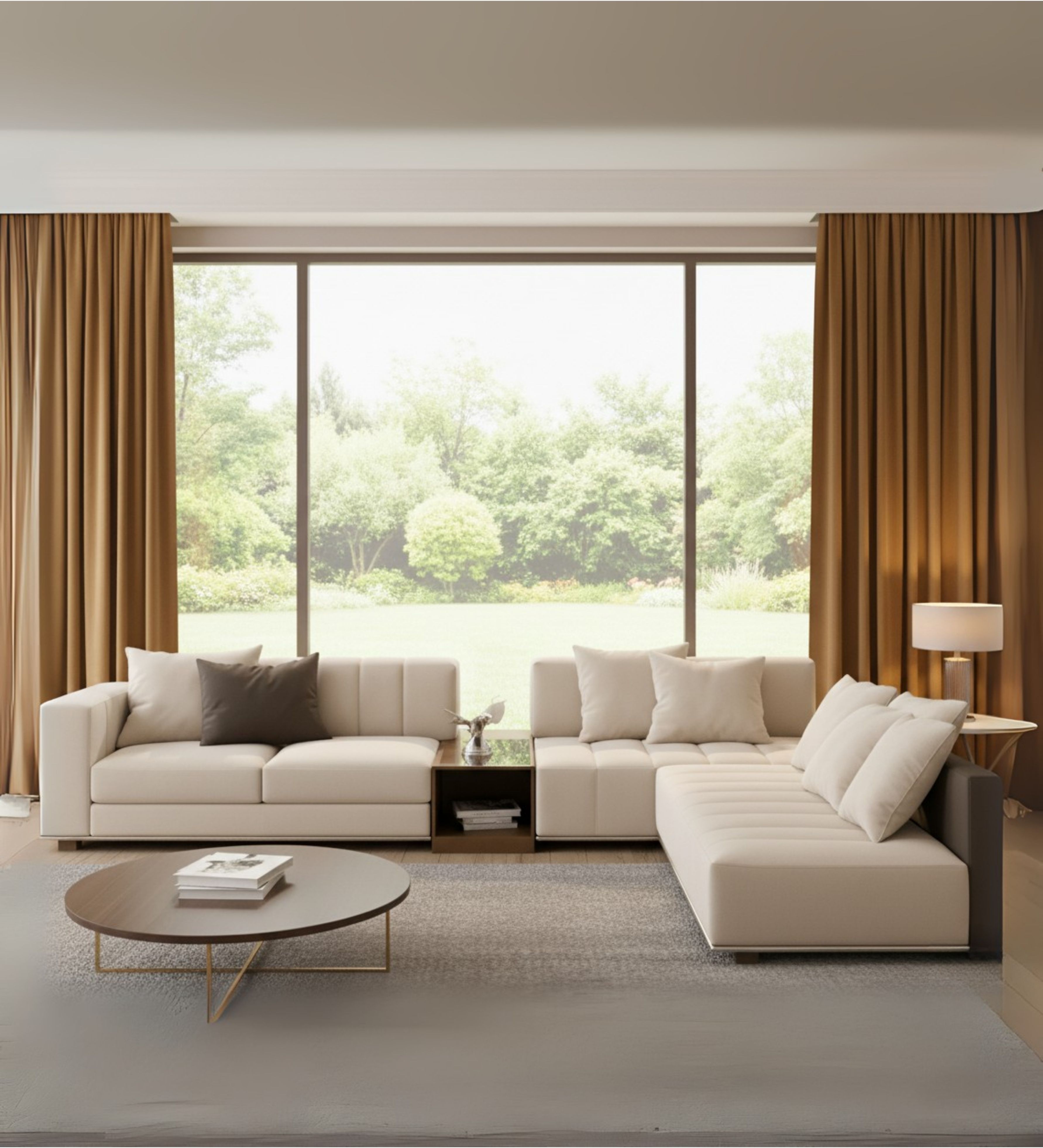 A contemporary seating arrangement styled beside large windows and natural light