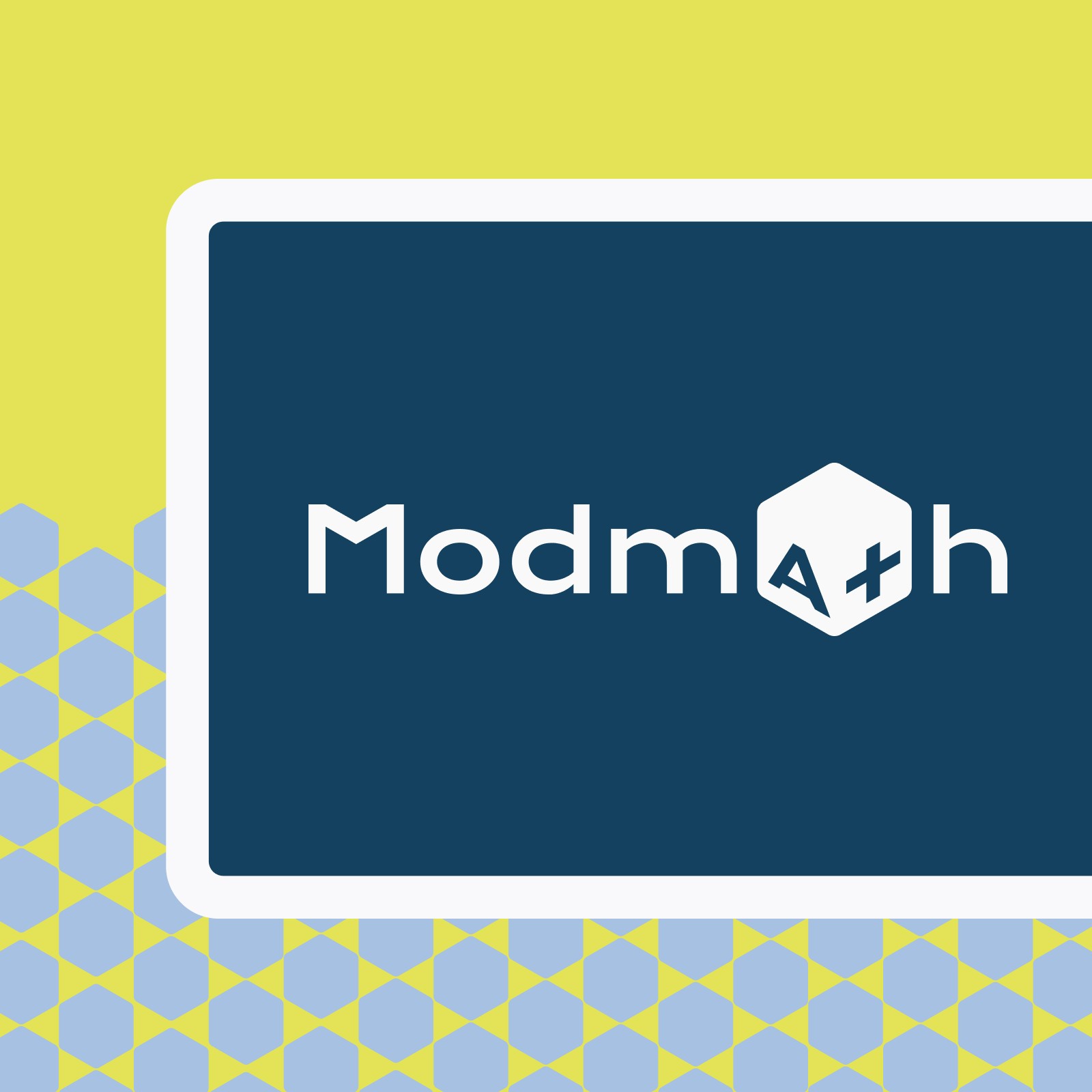 A digital design featuring the "Modmath" logo on a blue background with geometric shapes, set against a yellow backdrop.