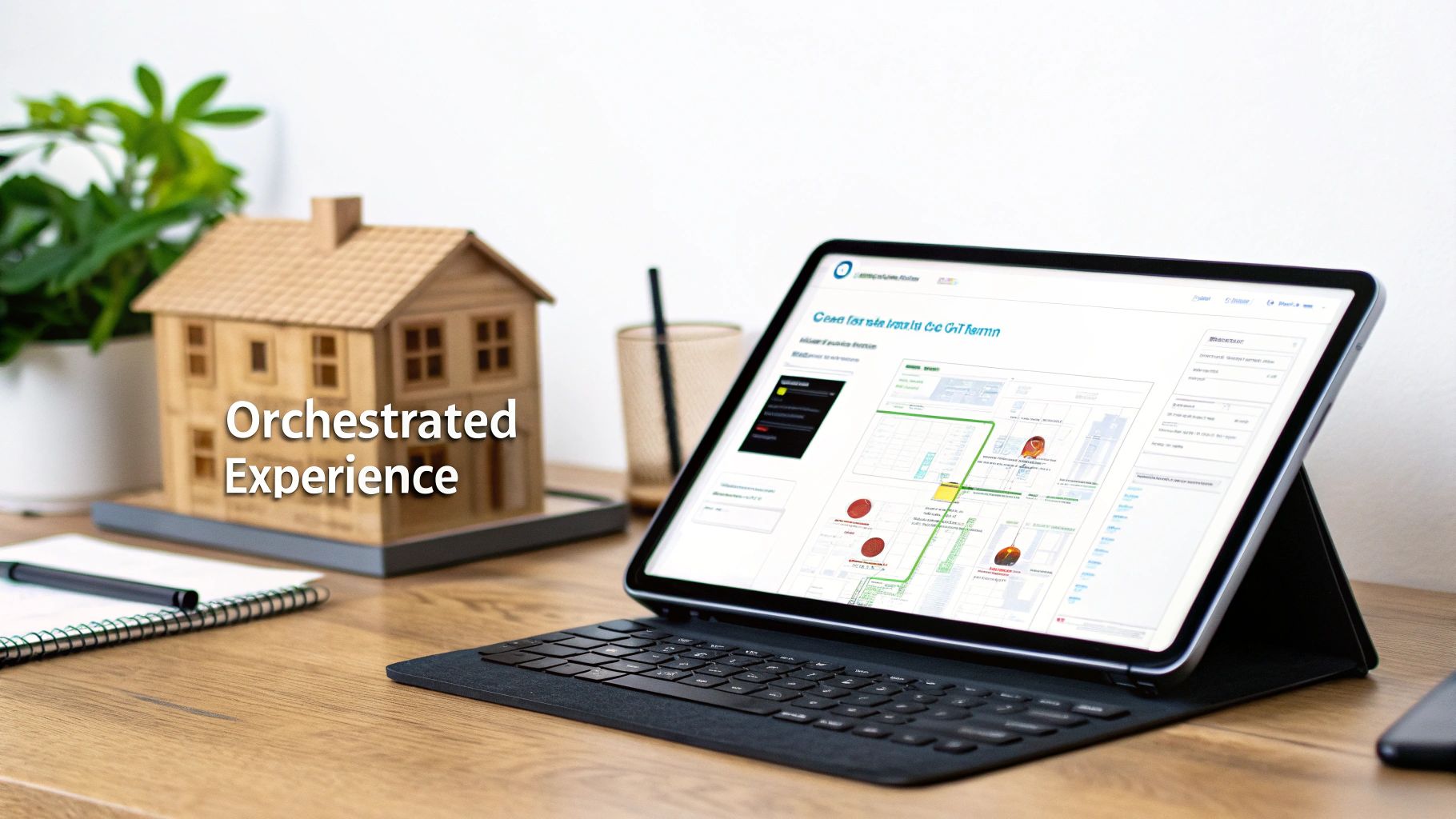 A modern desk with a wooden house model, plant, notebook, and a tablet showing a complex digital workflow.