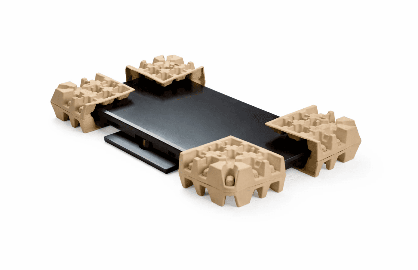 Moulded fibre corner protectors securing a product for protective packaging during transport and handling