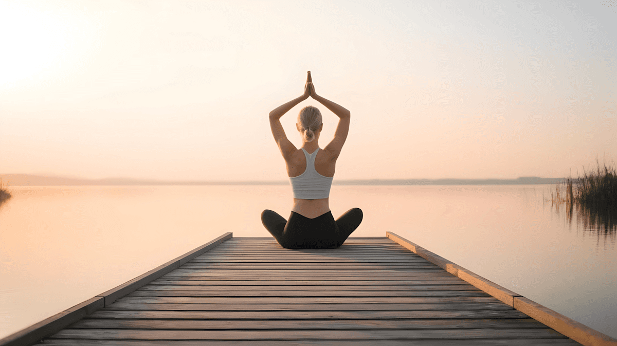 A woman practices yoga on a dock at sunrise, sitting cross-legged with arms raised in a prayer pose, overlooking a calm lake.