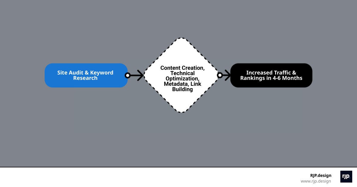 infographic showing the complete SEO process from site audit through keyword research, content creation, technical optimization, link building, and performance monitoring with timeline expectations - How to boost SEO infographic flowmap_simple