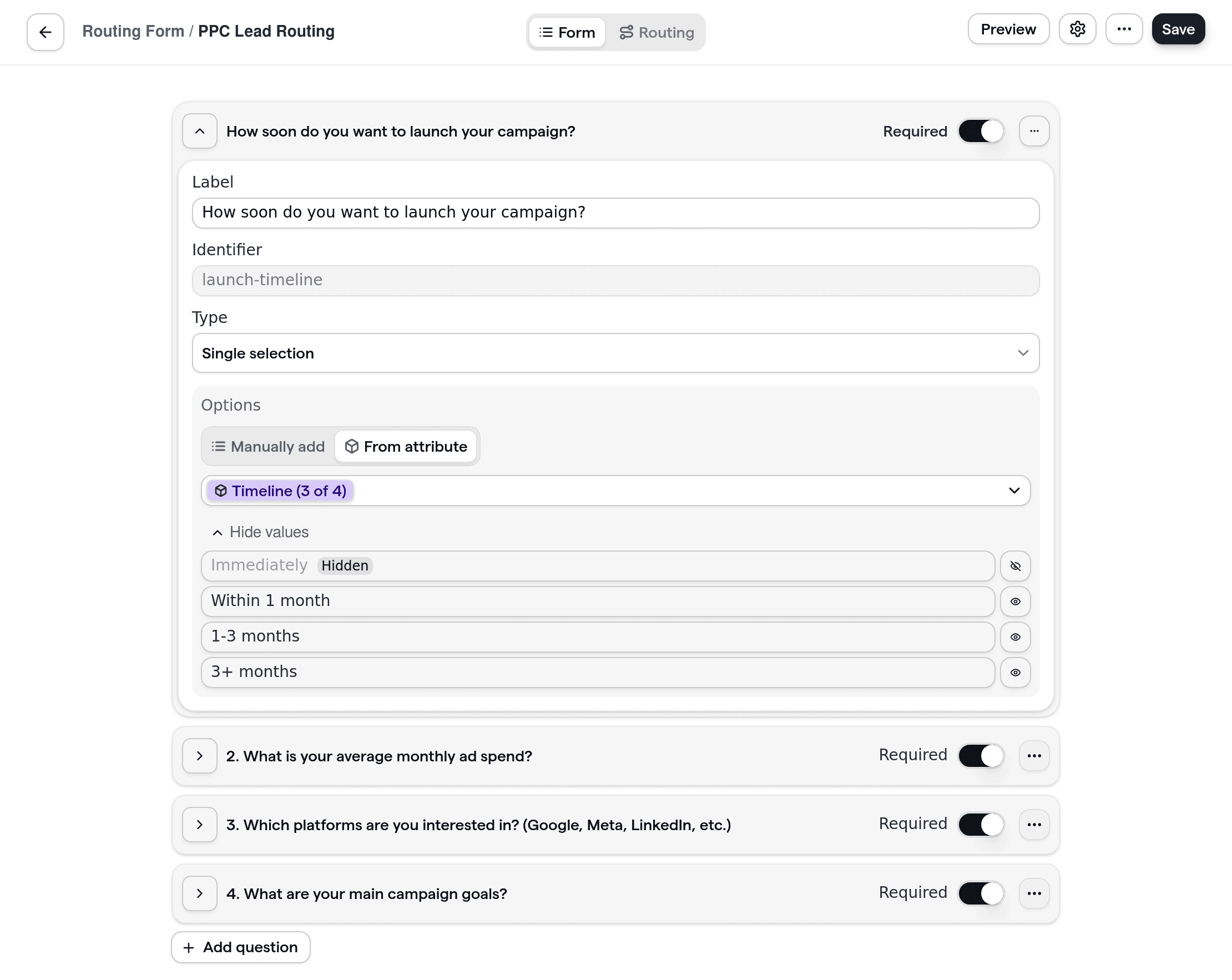 Cal.com routing form for paid advertising teams, showing campaign and budget qualification questions.