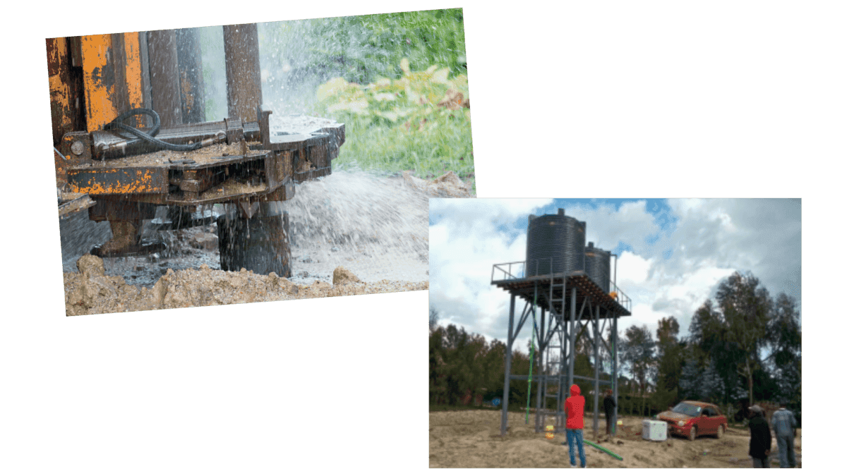 Two images side by side: one shows water spraying as a well is being drilled, and the other shows a large elevated water storage tank with people working nearby.