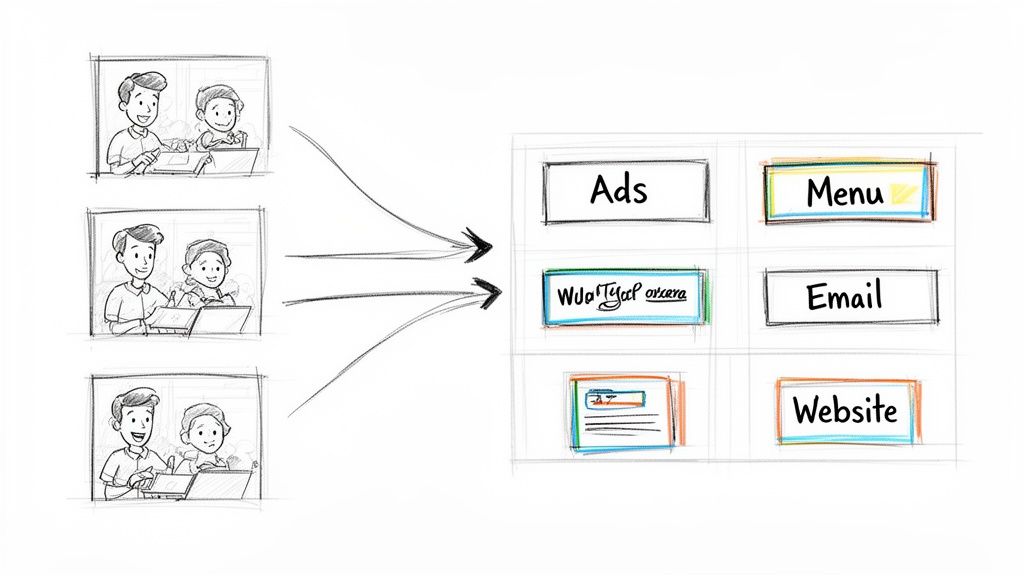 Diagram illustrating content creation (adult and child) flowing into digital channels like ads, email, and websites.