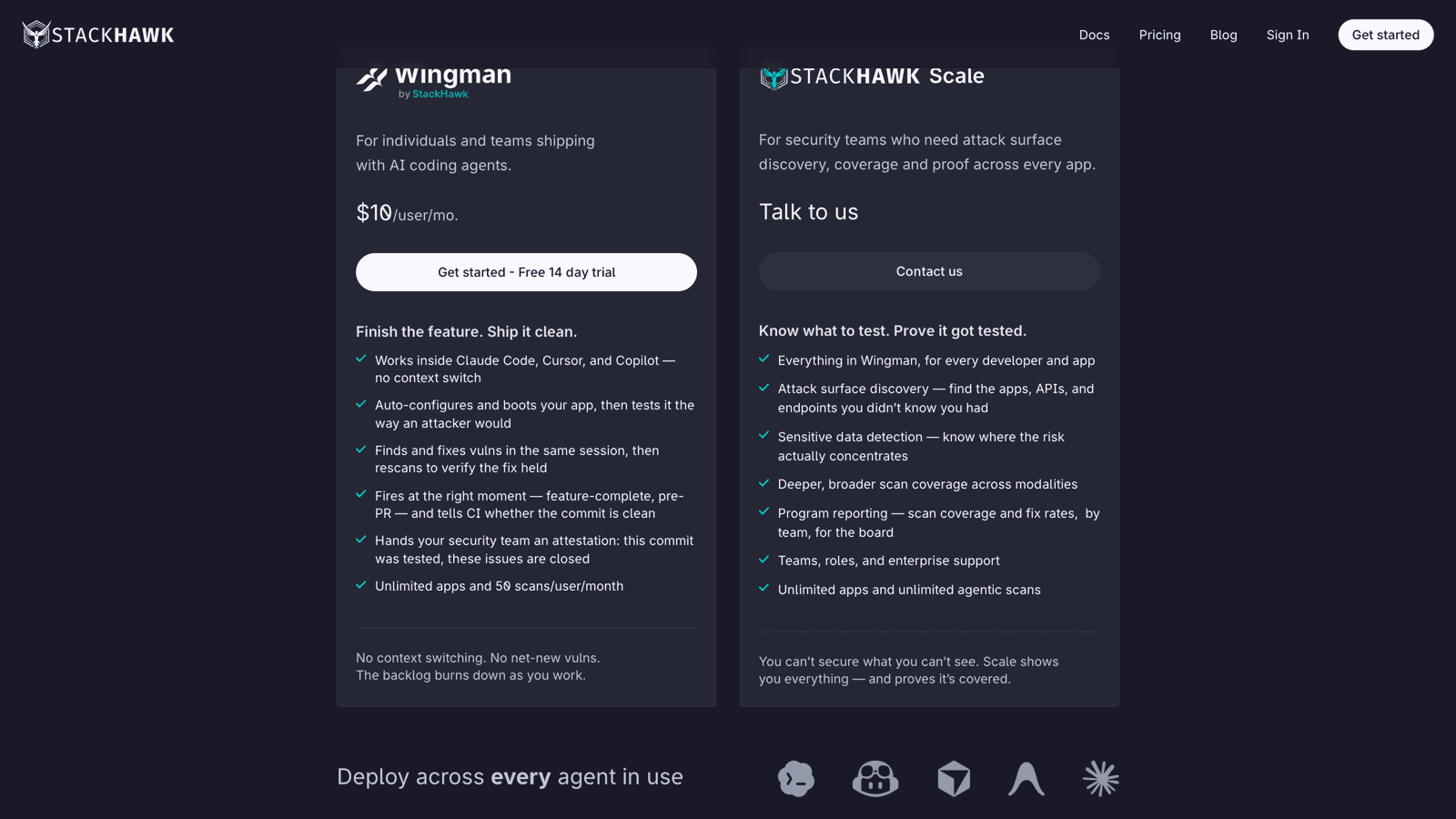 StackHawk pricing page showing the Wingman plan at $10 per user per month with a free 14-day trial and the quote-only Scale plan