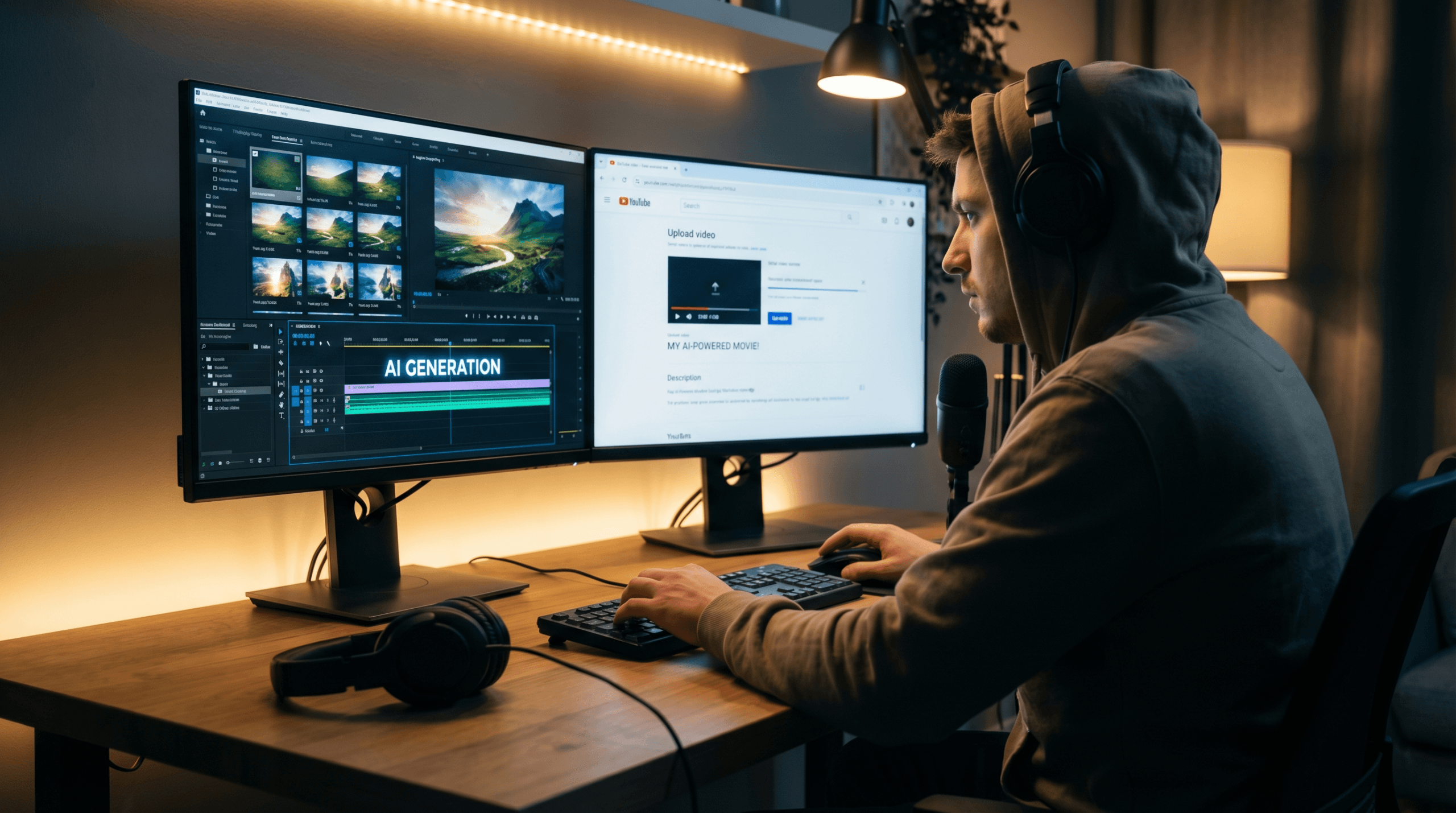 Man editing video at dual monitors - How Long Can AI-Generated Videos Typically Be