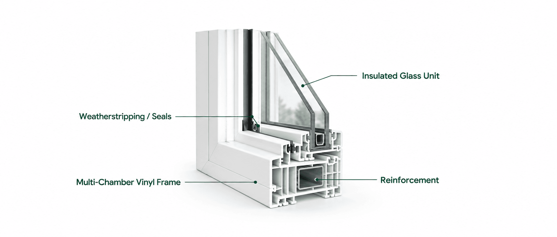 Vinyl window construction showing the frame, weatherstripping, reinforcement and insulated glass