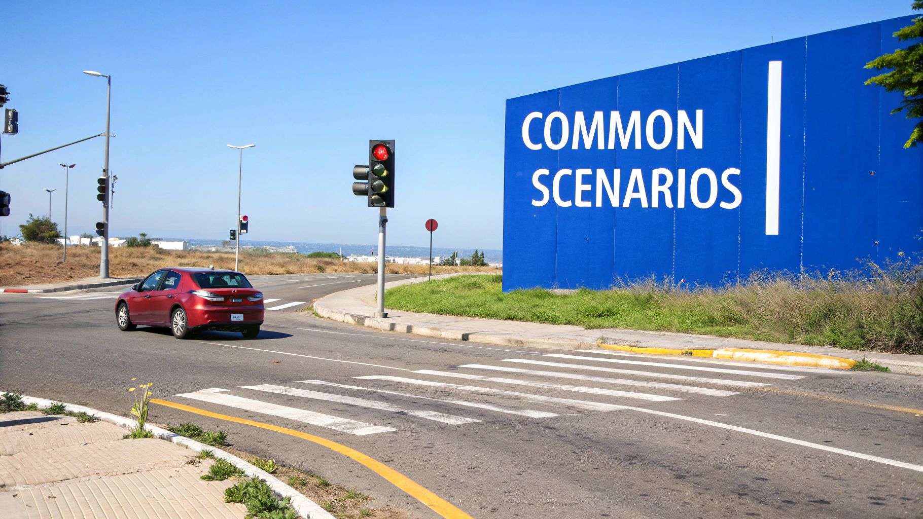 A red car is stopped at a road intersection, waiting at a red traffic light near a blue sign.